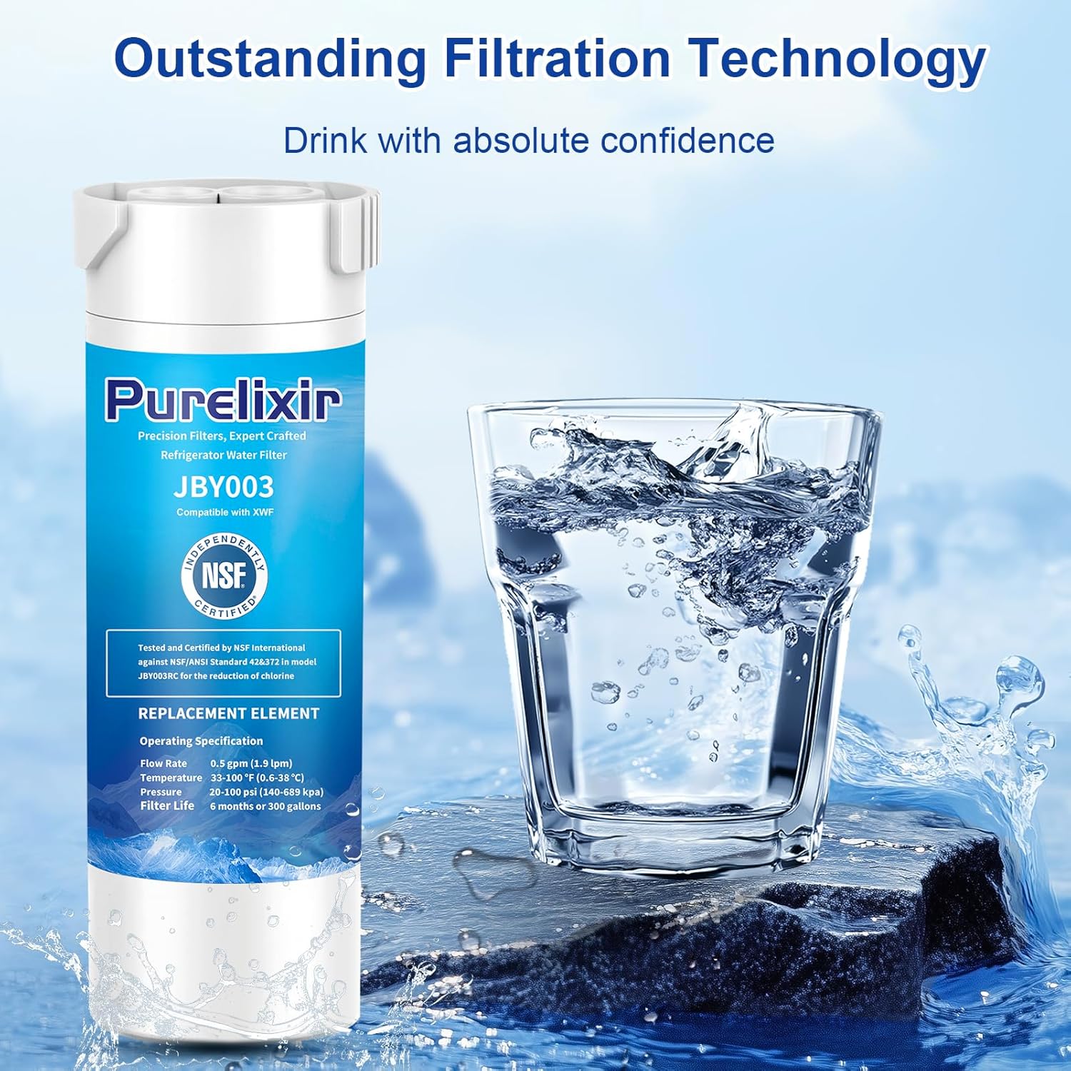 3 Pack XWF (Not XWFE, NO Chips) Compatible with GE XWF, GBE21, GDE21, GDE25, GFE24, Refrigerator Water Filter Replacement, NSF Certified, 6 Month / 300 Gallon