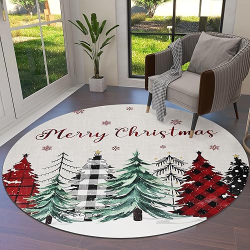 Alfombra redonda de Navidad de 5 pies, lavable para interiores y exteriores, para dormitorio, cocina, baño, sala de estar, comedor, lavandería,