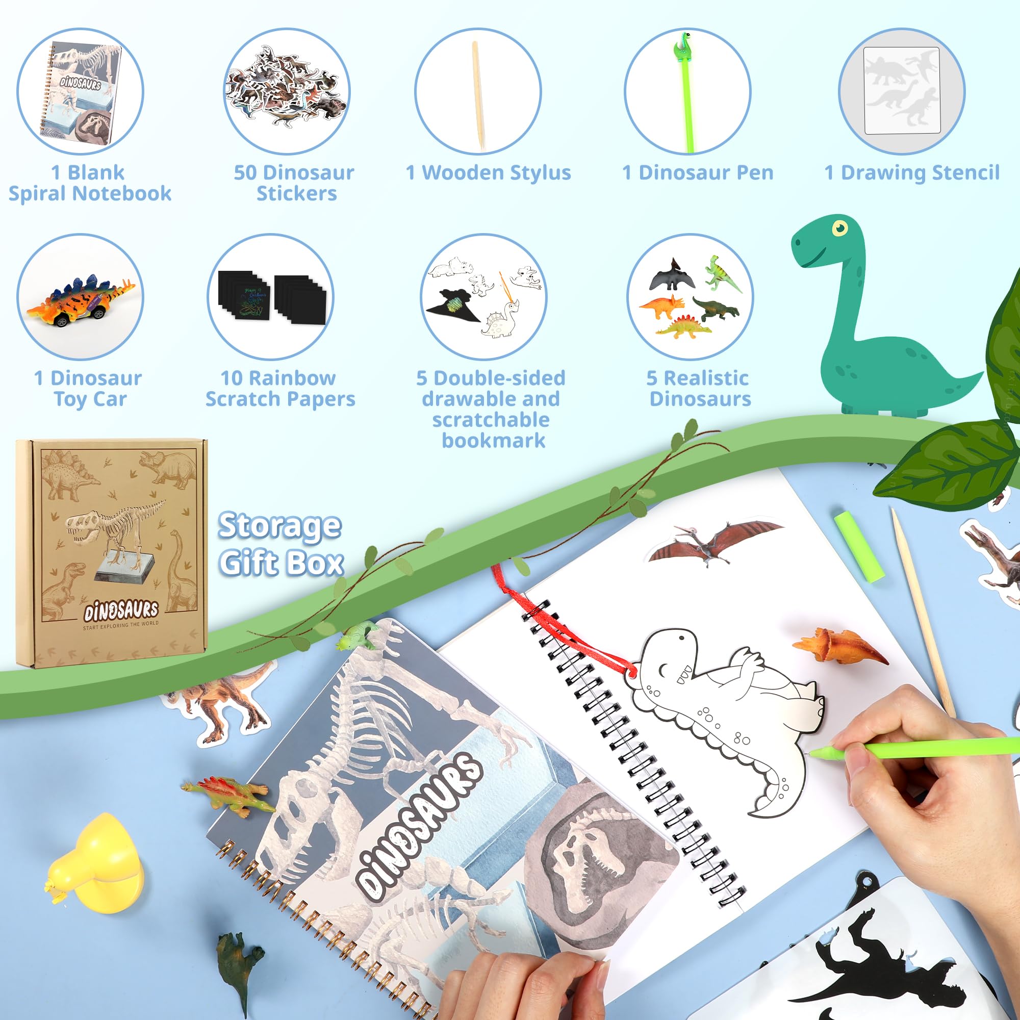 CAGIE Dinosaurs Journal Set for Kids, Gifts for 2 3 4 5 Year Old Boys, Dinosaur Theme Journal Kit for Writing and Doodle, Fun Toy for Kids Quiet at Home Or Traveling
