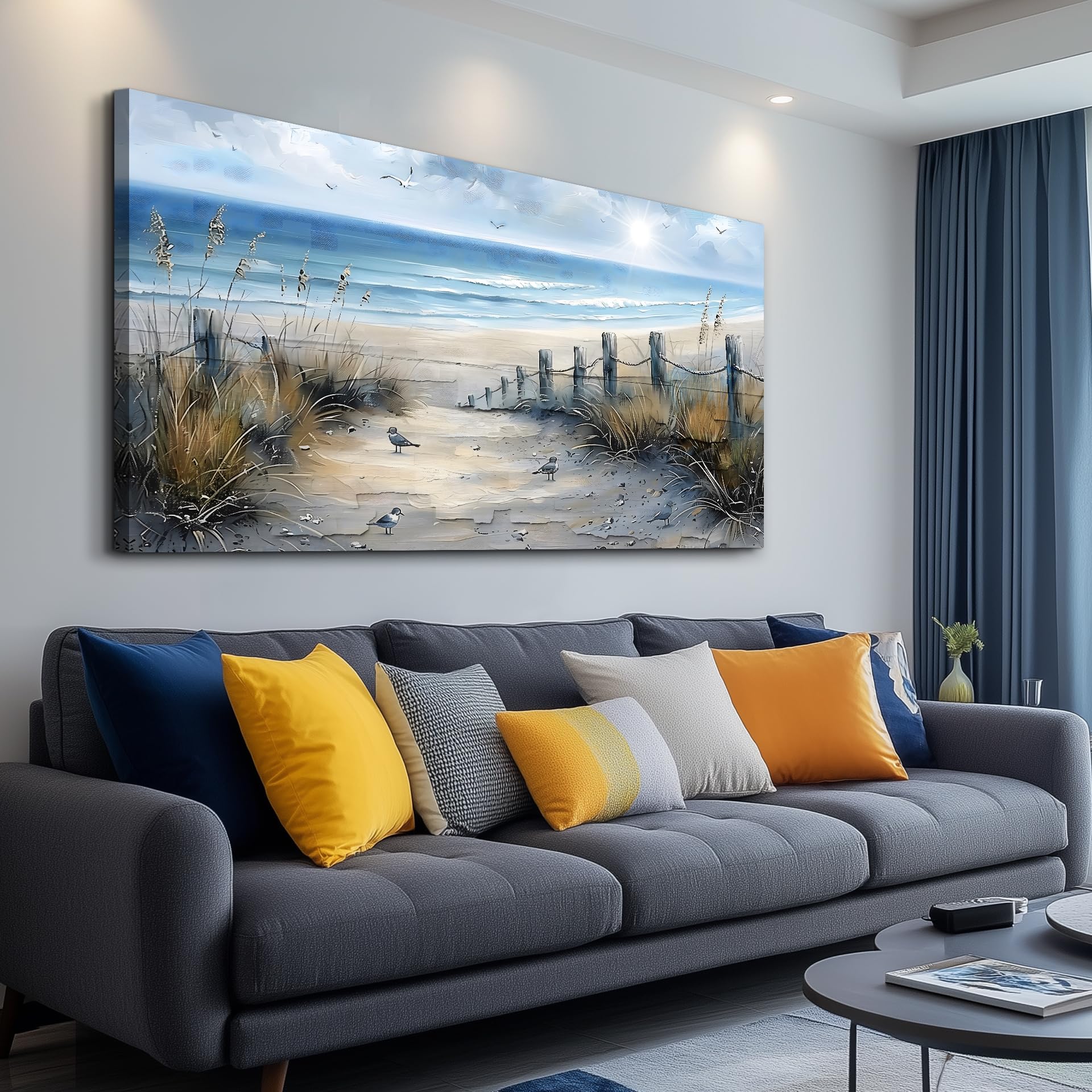 Leinwand-Wandbild 75x150 Cm – Blauer Strand Mit Fahrrad, Gerahmt, Fertig Zum Aufhängen