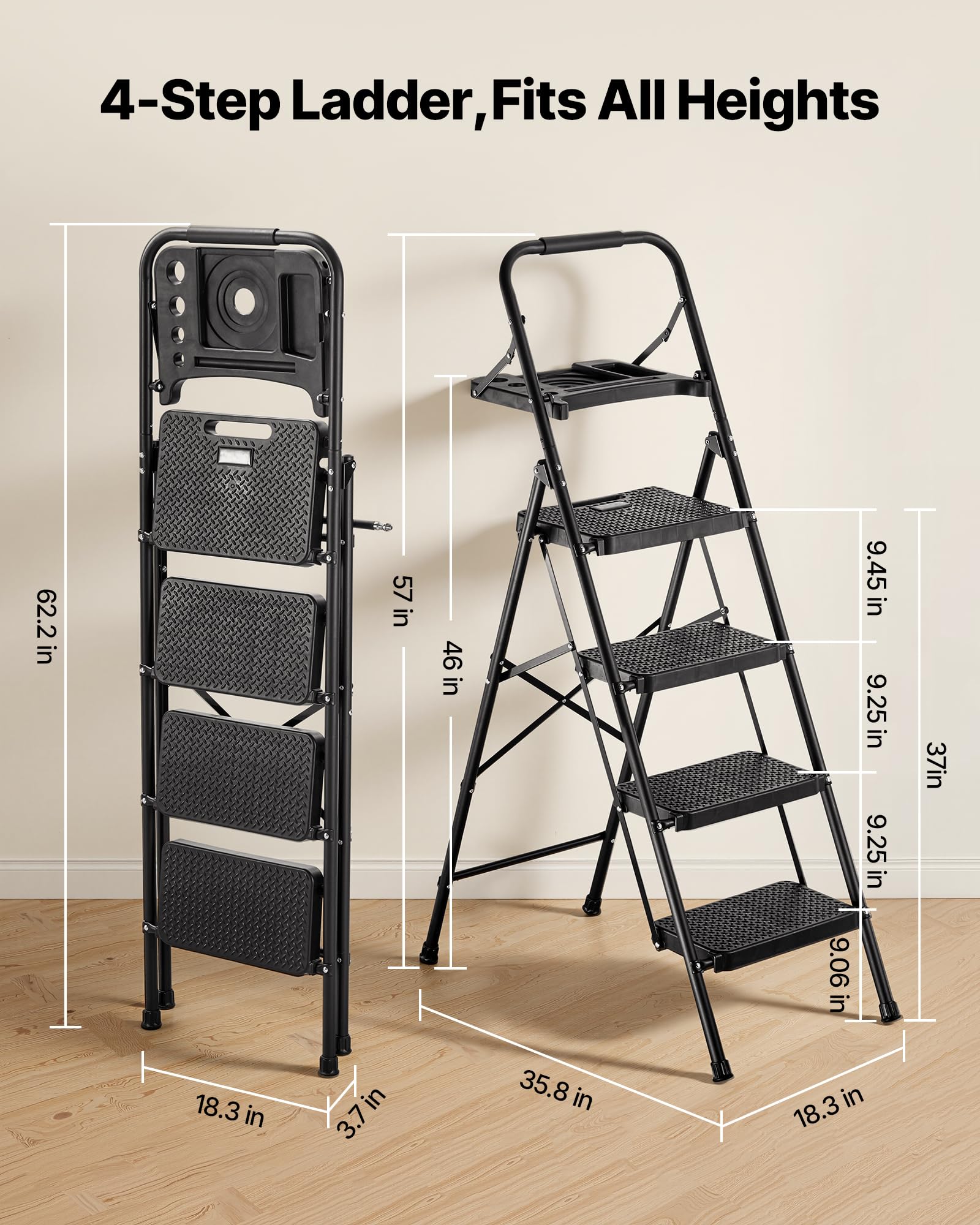 VEVOR Scaletta Pieghevole Salvaspazio con 4 Gradini con Ampio Pedale Antiscivolo, Impugnatura Comoda, Scala Portatile in Acciaio con Capacità di 272 kg, Multiuso per Cucina, Casa, Casa e Ufficio