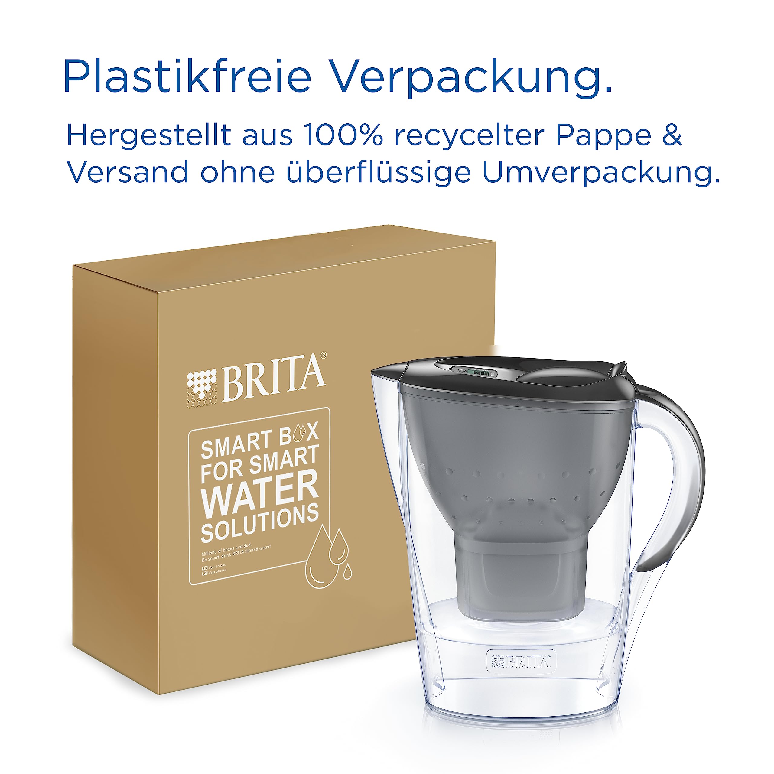 BRITA Wasserfilter Kanne Marella graphit (2,4l) inkl. 6x MAXTRA PRO Pure Performance Kartusche (Halbjahrespaket), Kühlschrankgeeignet,Filterkanne mit BRITA Memo, Klapp-Deckel, filtert Verunreinigungen