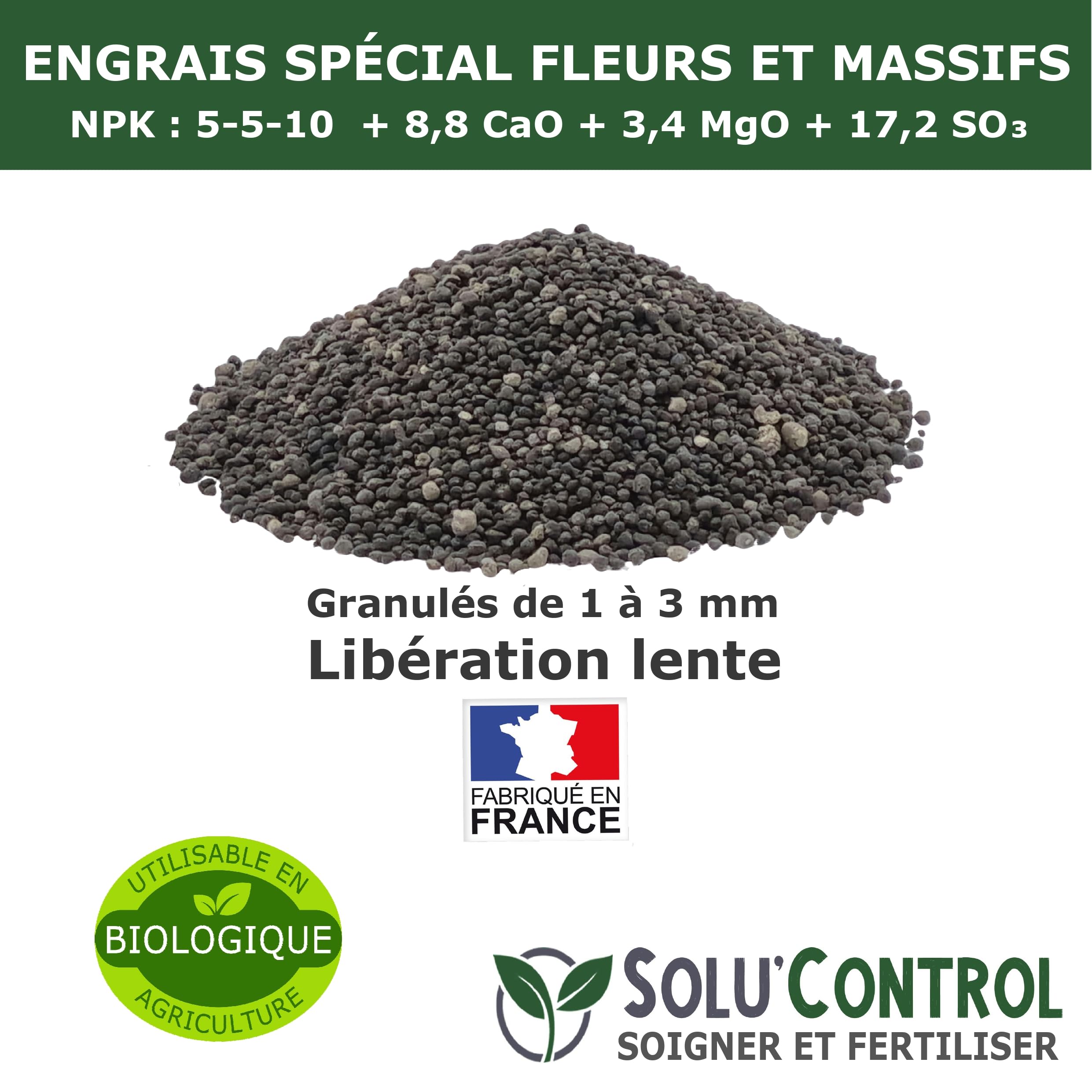5 kg - Engrais Spécial Fleurs et Massifs NPK 5-5-10 - Favorise une floraison abondante, éclatante et durable - Utilisable en Agriculture Biologique (UAB) - Fabriqué en France