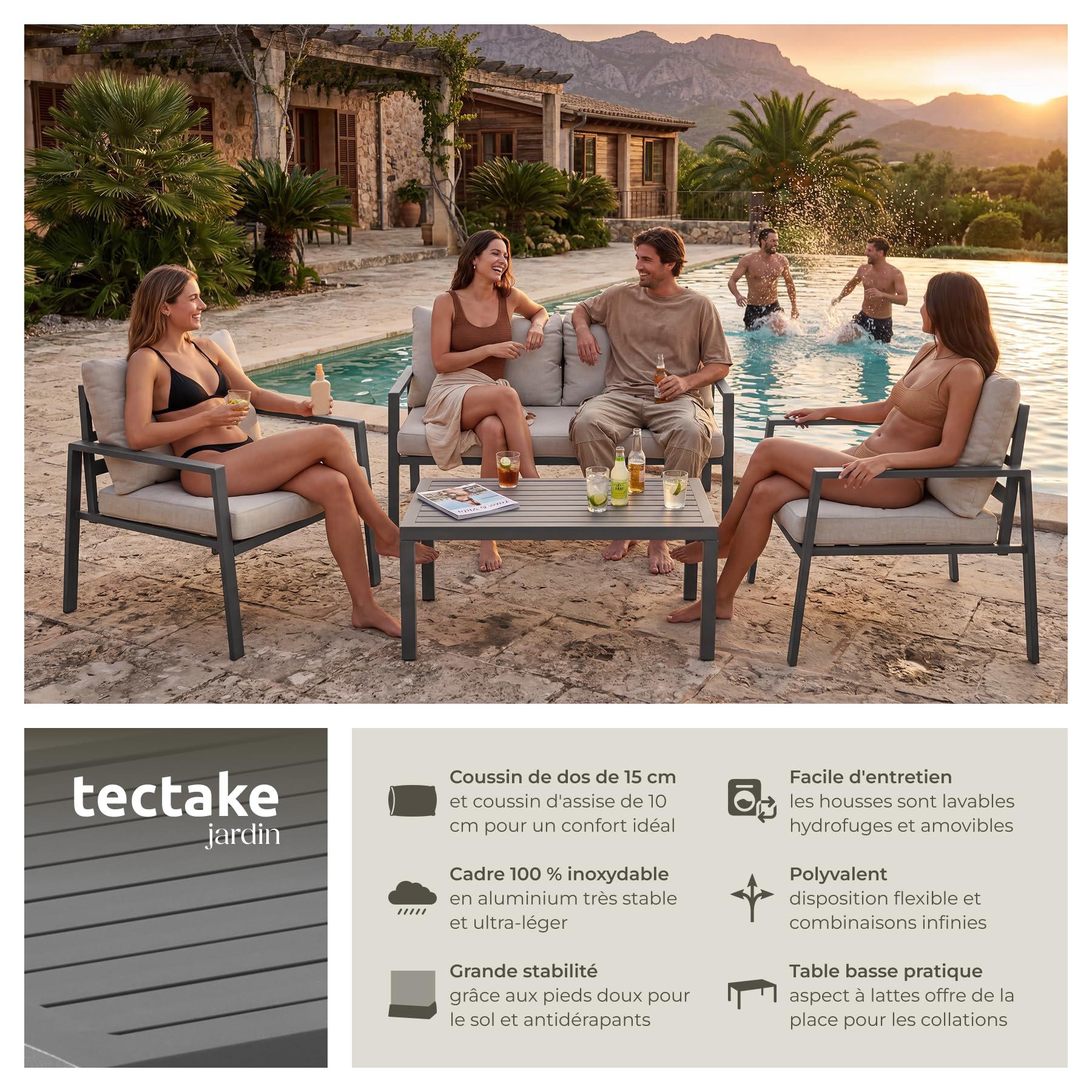 tectake® Ensemble Salon de Jardin Exterieur 4 Personnes en Aluminium Canapé 2 Places 2 Fauteuil Salon et 1 Table de Jardin, Coussins Inclus, Mobilier de Jardin Amenagement Balcon Terrasse Veranda
