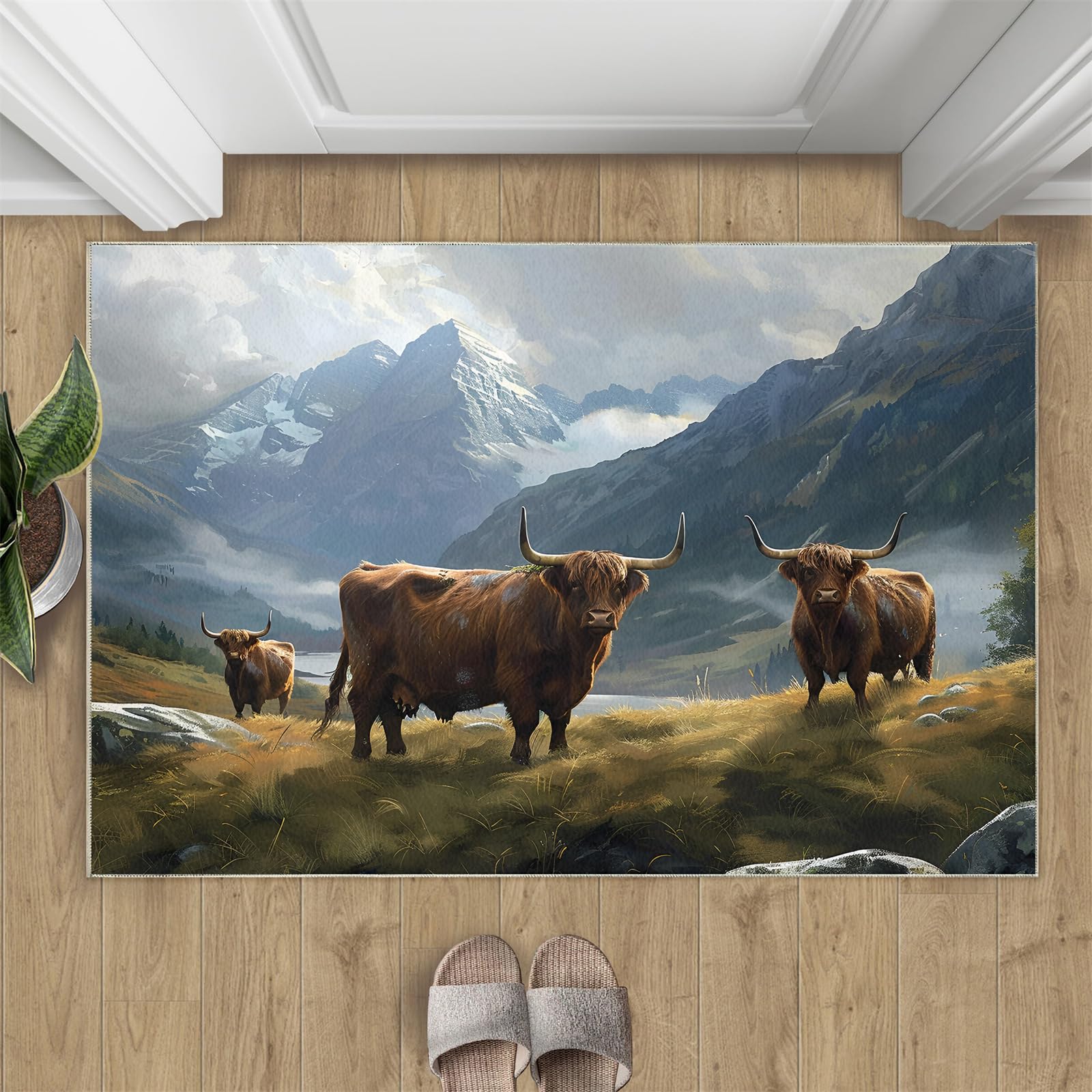 Cattle Rugs Living Room, 80x150cm Yaks Non Slip Floor Carpet, Natural Landscape Soft Bedroom Area Carpet Rug for Home Decor