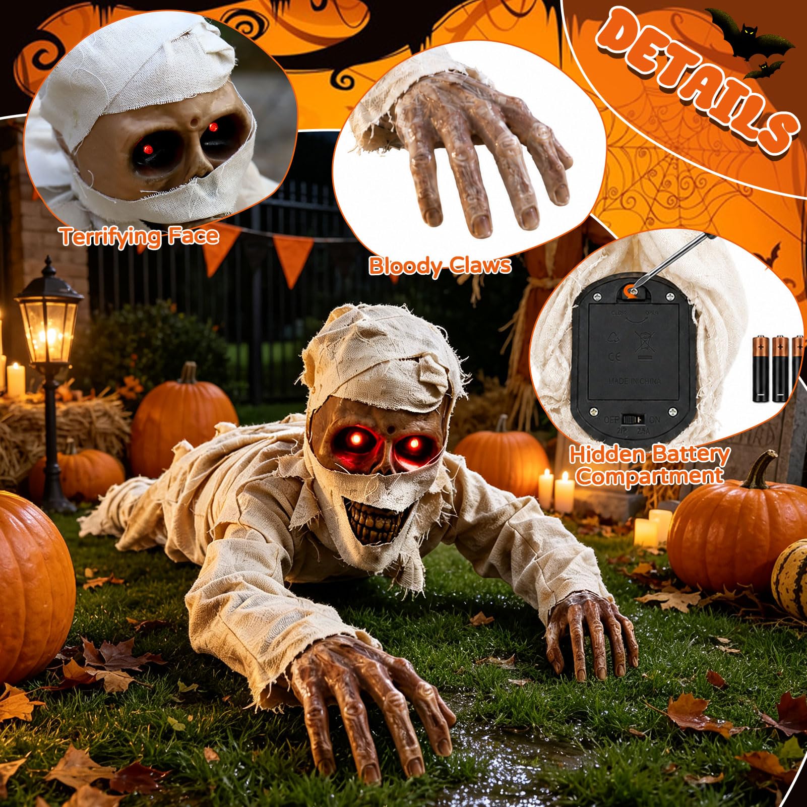Animatronic - Mummia strisciante per Halloween, 106 cm, decorazione per