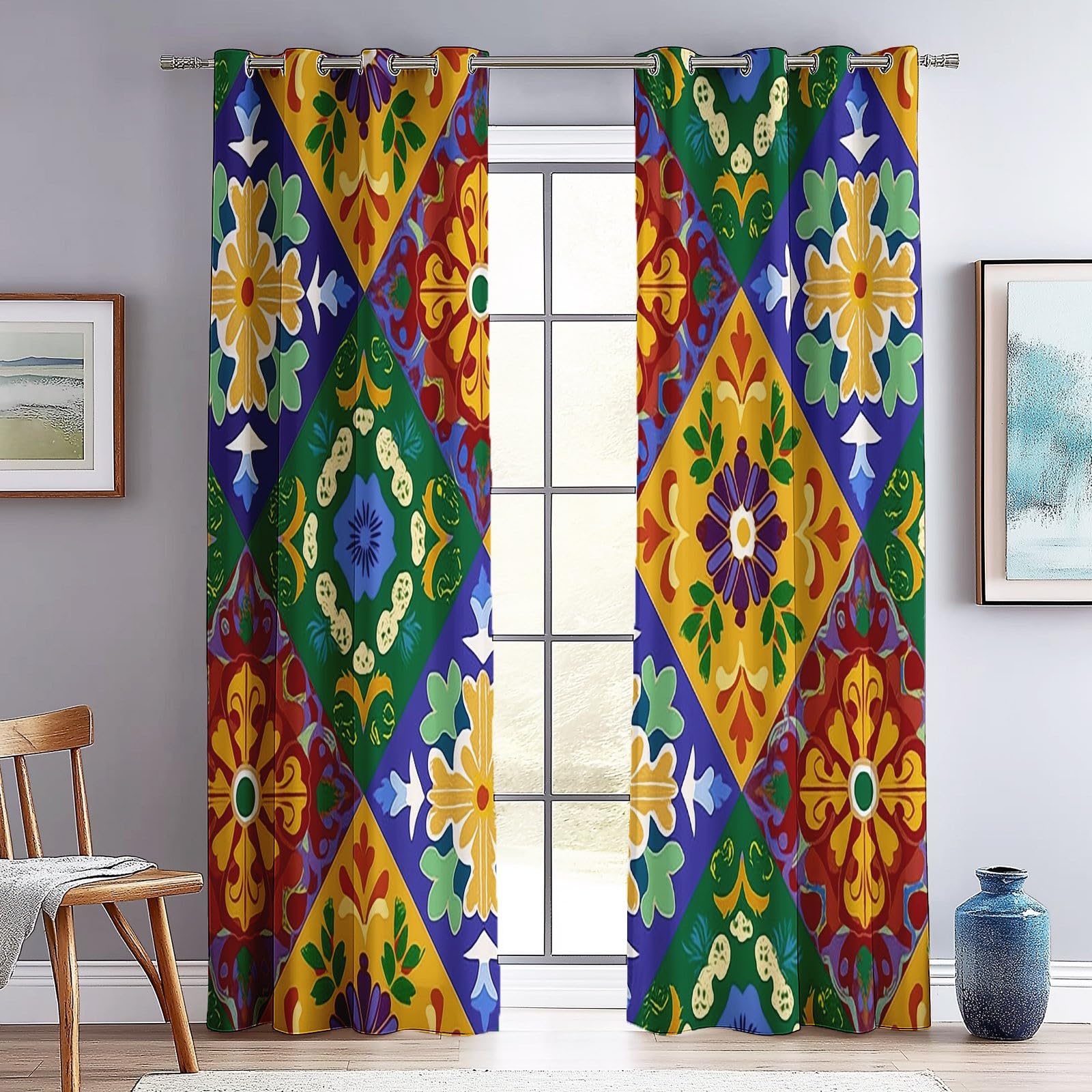 Rideaux Isolants 110L X 215H cm (2 Panneaux), Design Géométrie Mexicaine Rétro, Tenture Opaque Anti-Chaleur pour Chambre Principale, Coloré