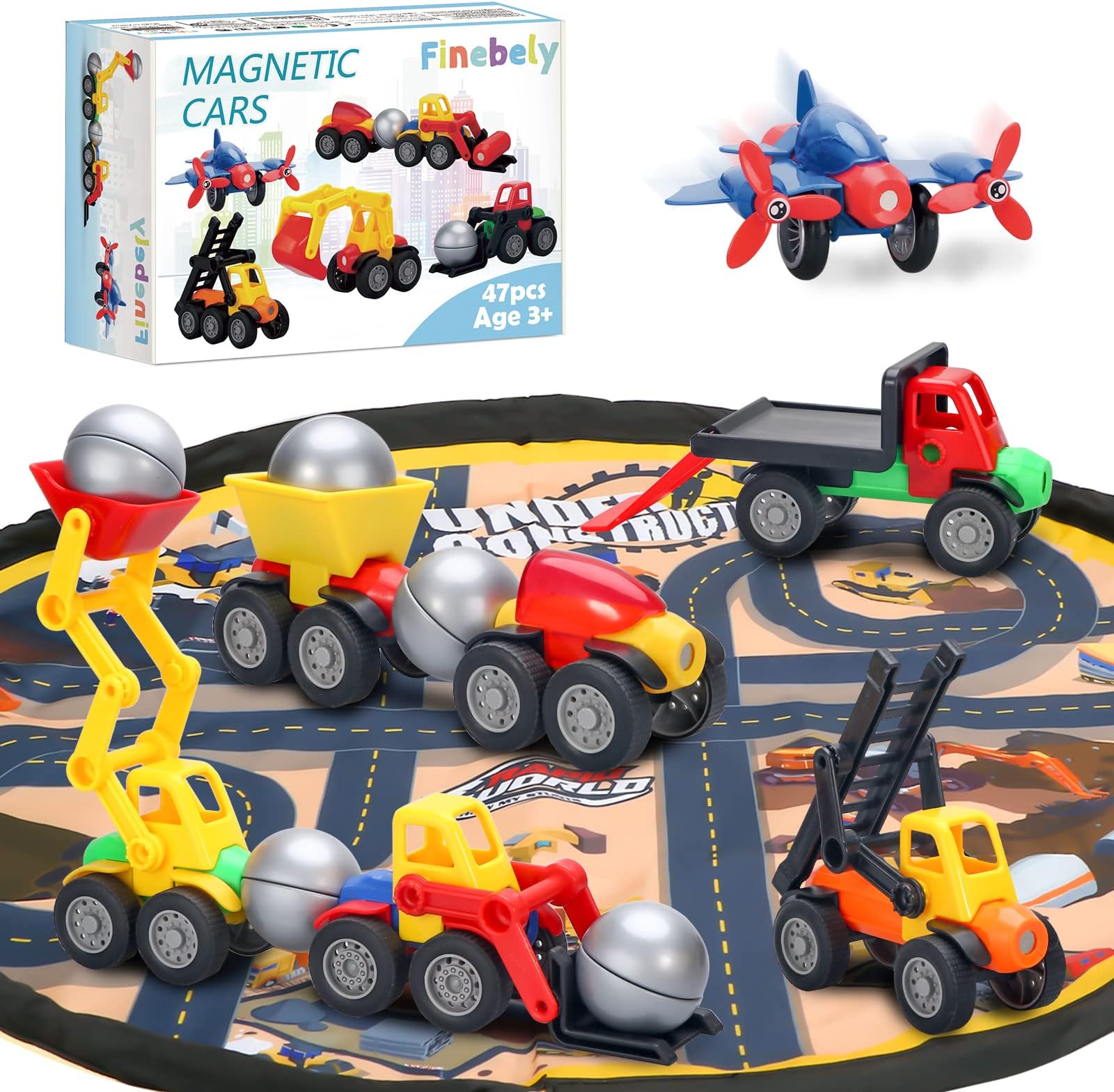 Magnetic Toys for Kids Magnetic Toy Cars Set with Play Mat|Storage Bag for Magnet Airplane Vehicles Cars Construction Car Assembly DIY Toddler Magnetic Toys for Kids 6-8 and Up 47 PCS