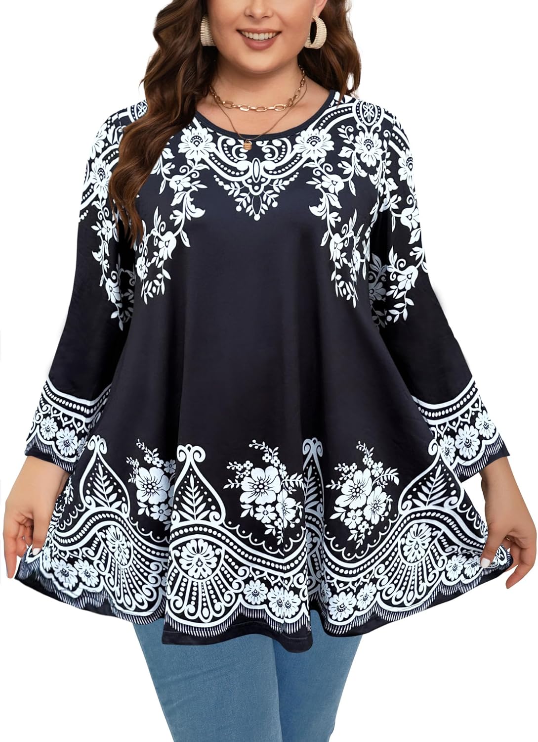 Womens Tunic Tops 3/4 Sleeve Plus Size Crew Neck Swing Flare Loose Fit T-Shirt Blou...