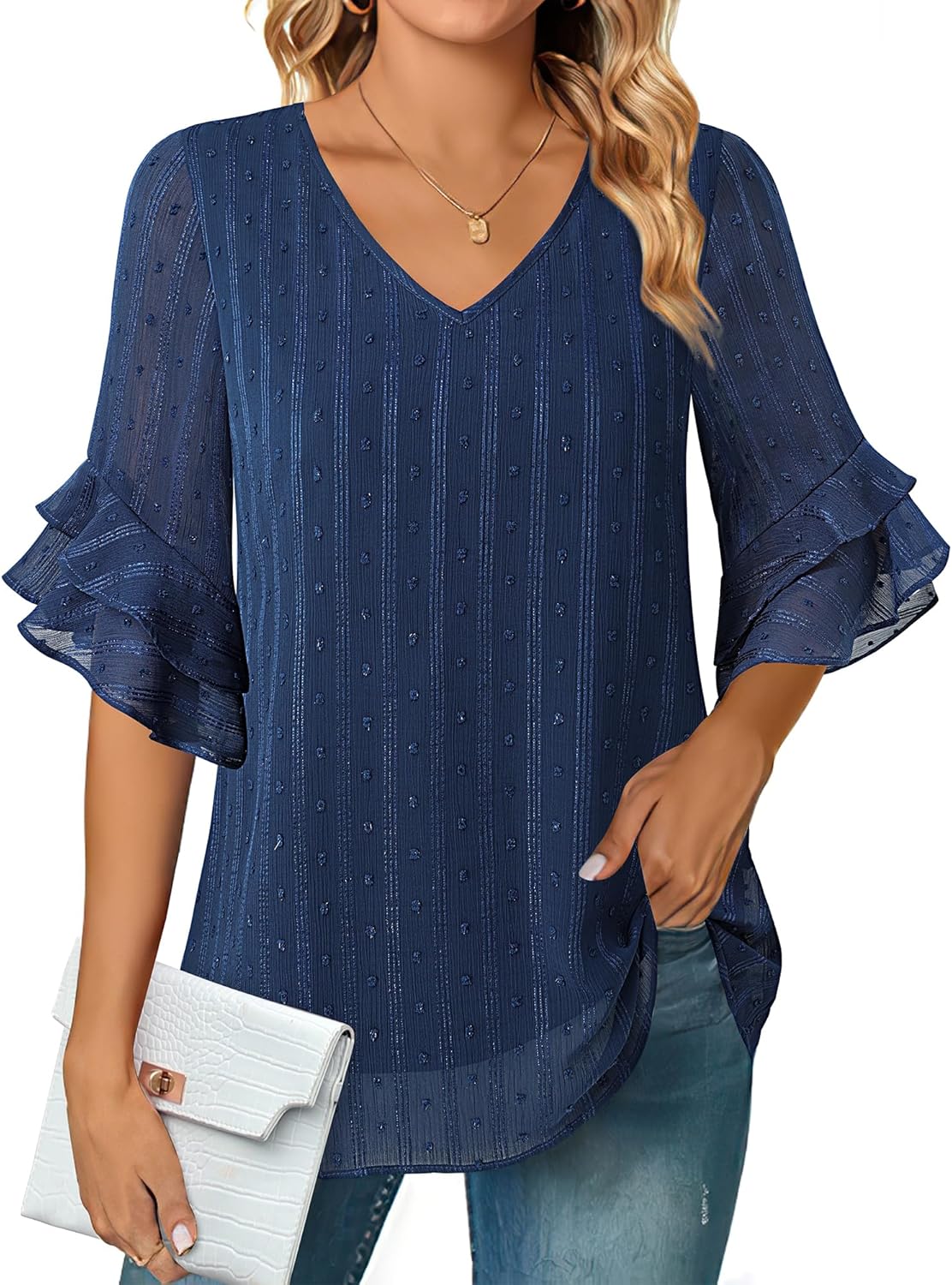 VALOLIA Womens Blouses 3/4 Sleeve Dressy Tops Business Casual Double Layers Shirts - Image 2