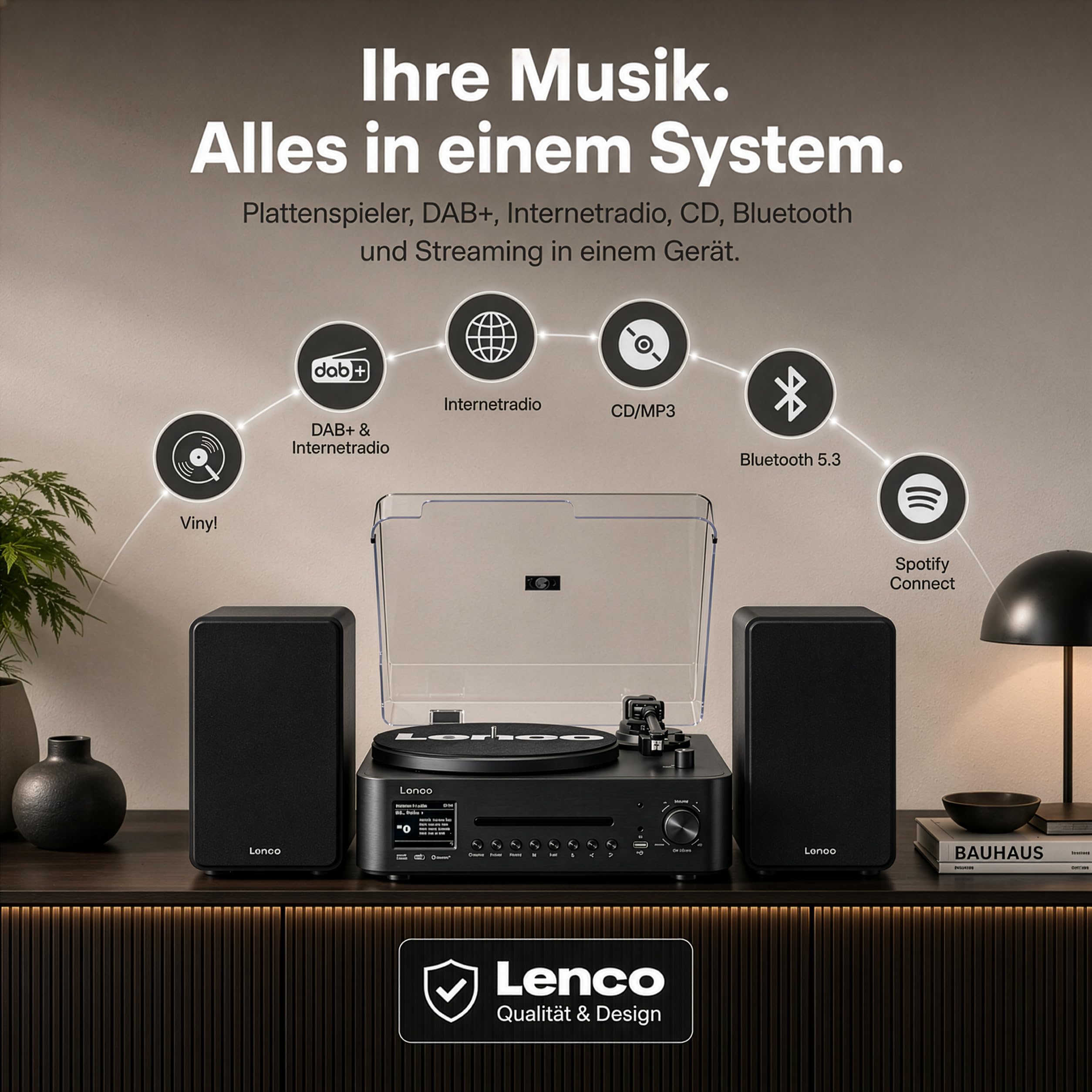 Lenco MC-760BK Plattenspieler mit Lautsprecher - Schallplattenspieler 60 W - Vinyl Player Bluetooth 5.3 - Record Player - DAB+ - Holz/Schwarz