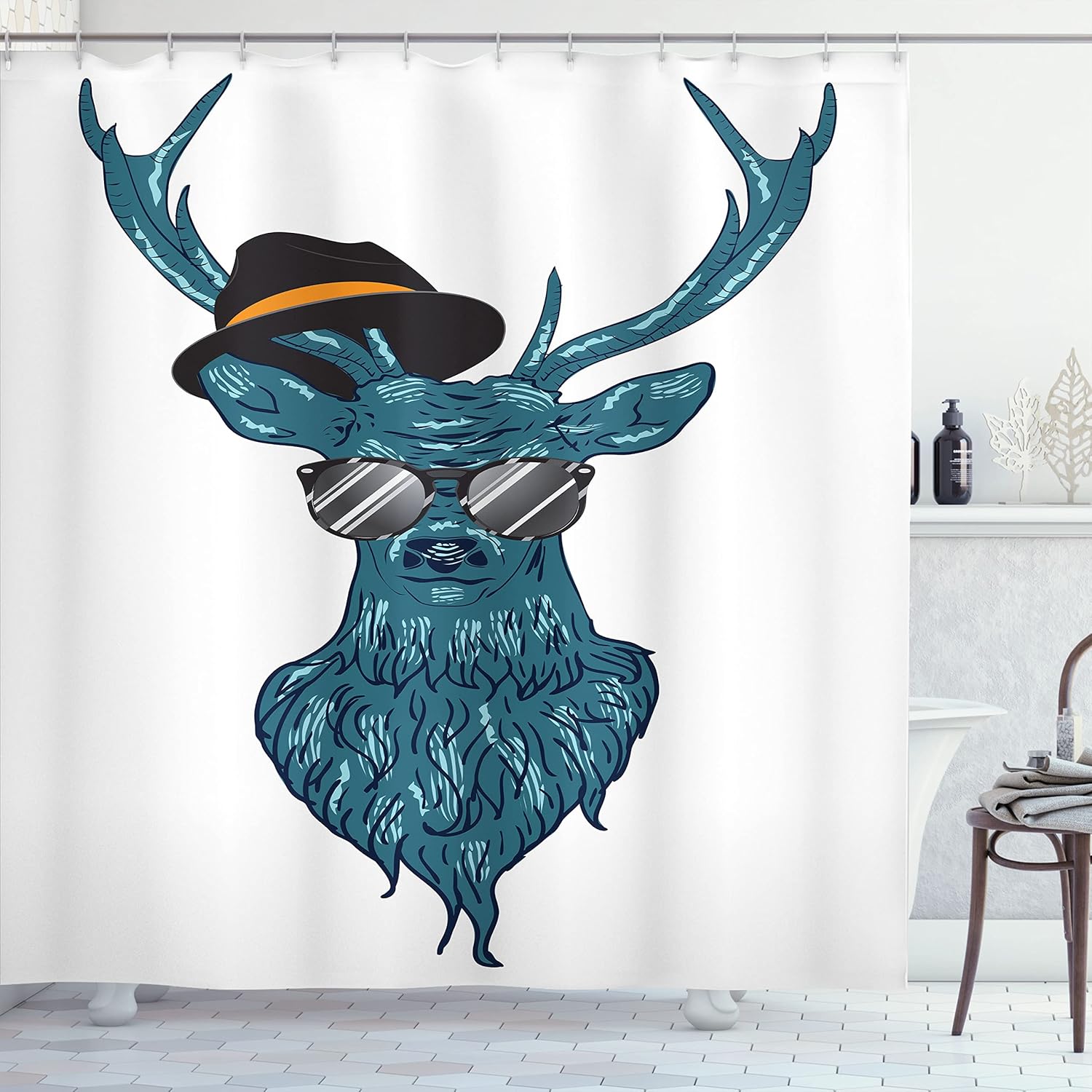 Ambesonne Antlers Shower Curtain, Image of a Deer Hipster in Glasses Hat and Mustache Modern Style Print, Cloth Fabric Bathroom Decor Set with Hooks, 69" W x 70" L, Teal and Black
