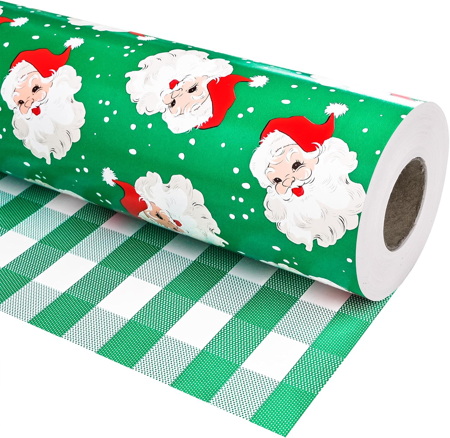 Vnaaem Reversible Green Christmas Wrapping Paper Jumbo Roll for Men Women - Xmas Santa & Bufflao Plaid Pattern Gift Wrap for Holiday Birthday, Party, Baby Shower (Green Buffallo Paid & Santa - 1, 17 In X 100 Ft)
