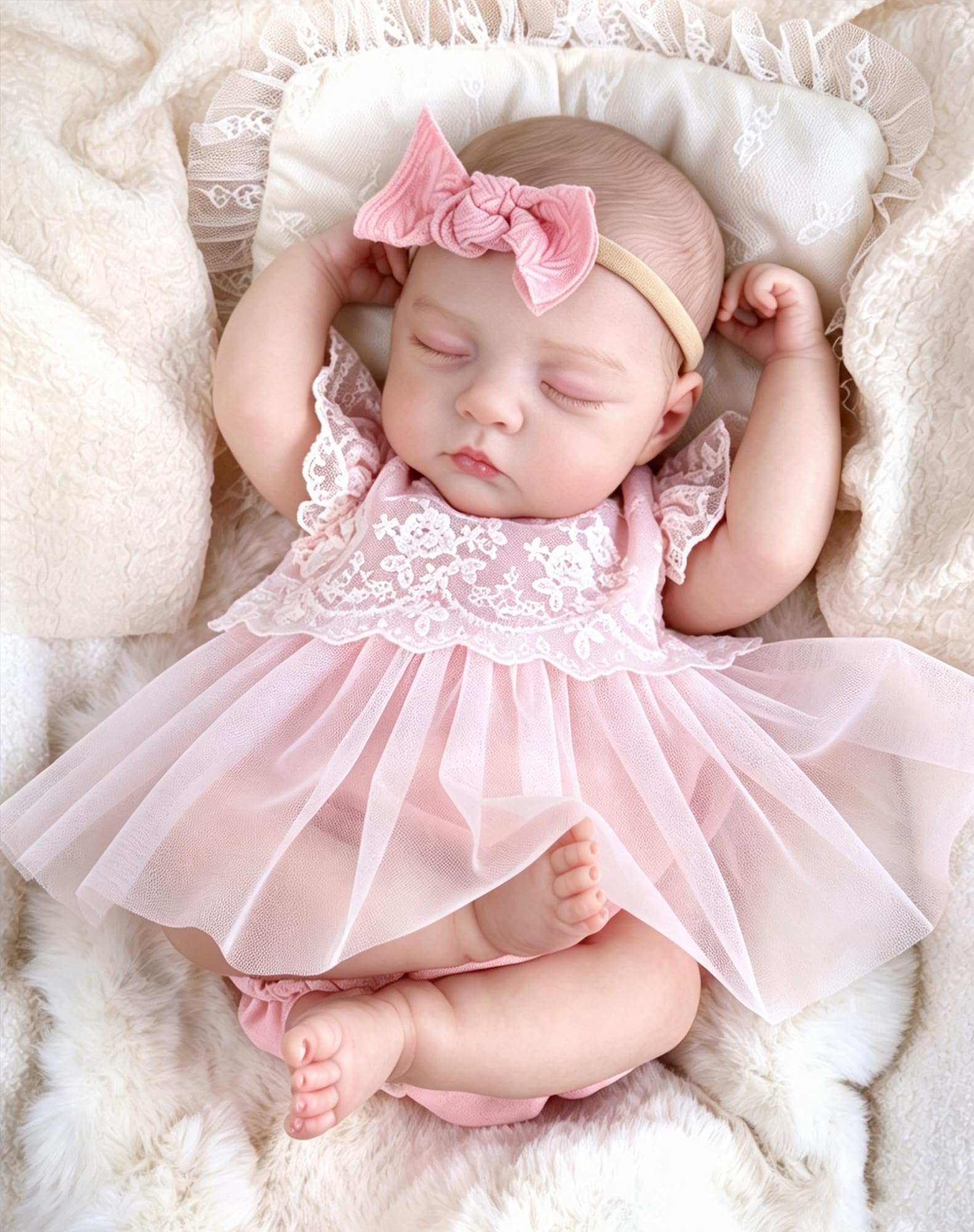 Reborn Baby Dolls Sleeping with Pink Lace Skirt