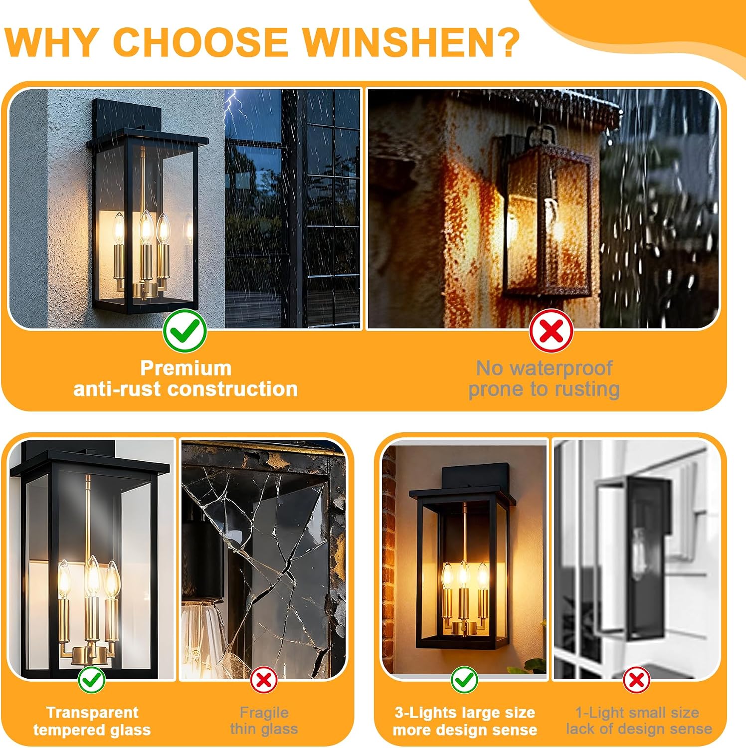 2-Pack Large 3-Light Outdoor Wall Light Fixtures, Black Waterproof Exterior Wall Sconce Porch Lightingfor Front Door Garage, E12 Bulb Base