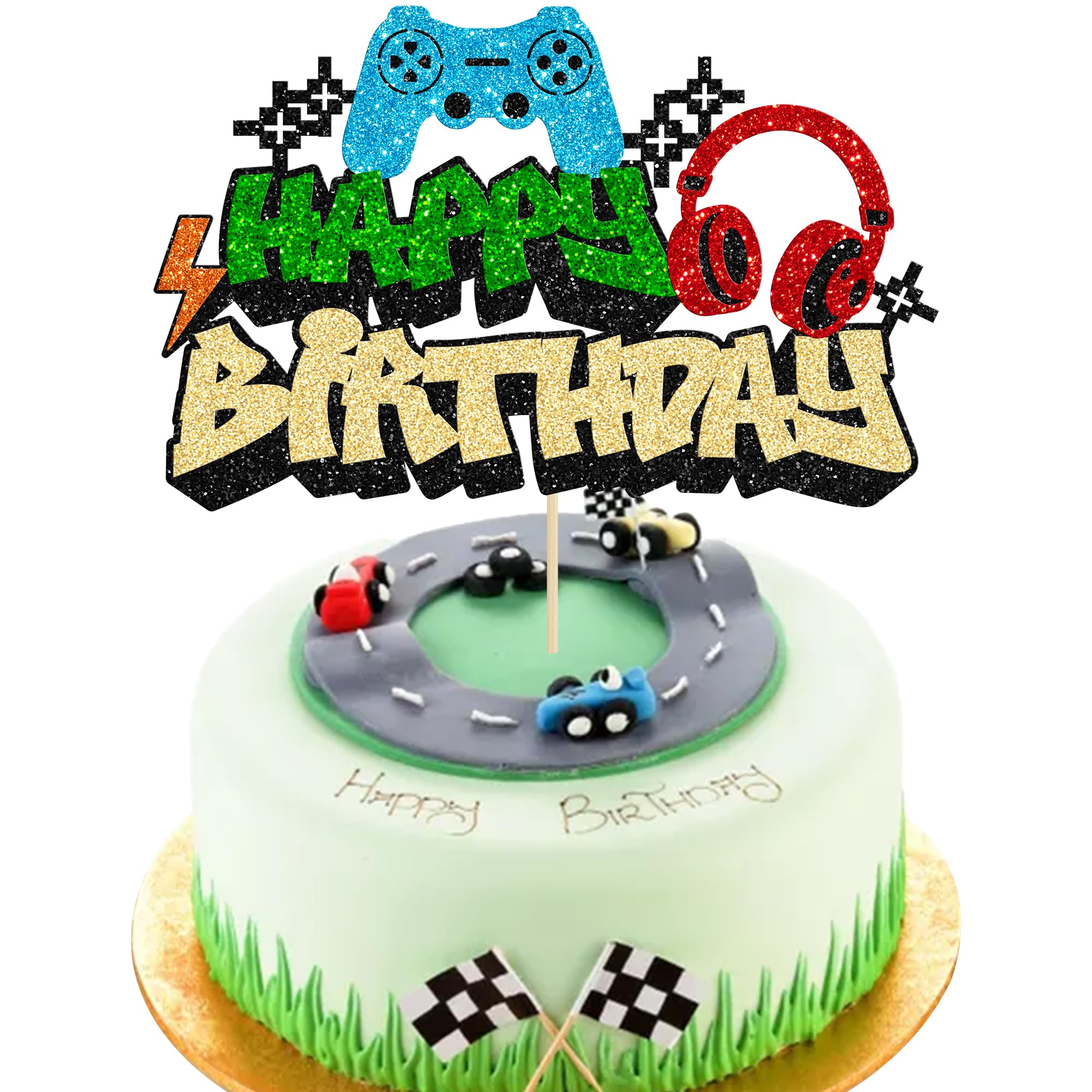 Gyufise 1Pcs Video Game Happy Birthday Cake Topper Glitter Video Game Cake Pick Game On Controllers GamePad Cake Decoration for Game Theme Baby Shower Kids Boys Girls Birthday Party Supplies