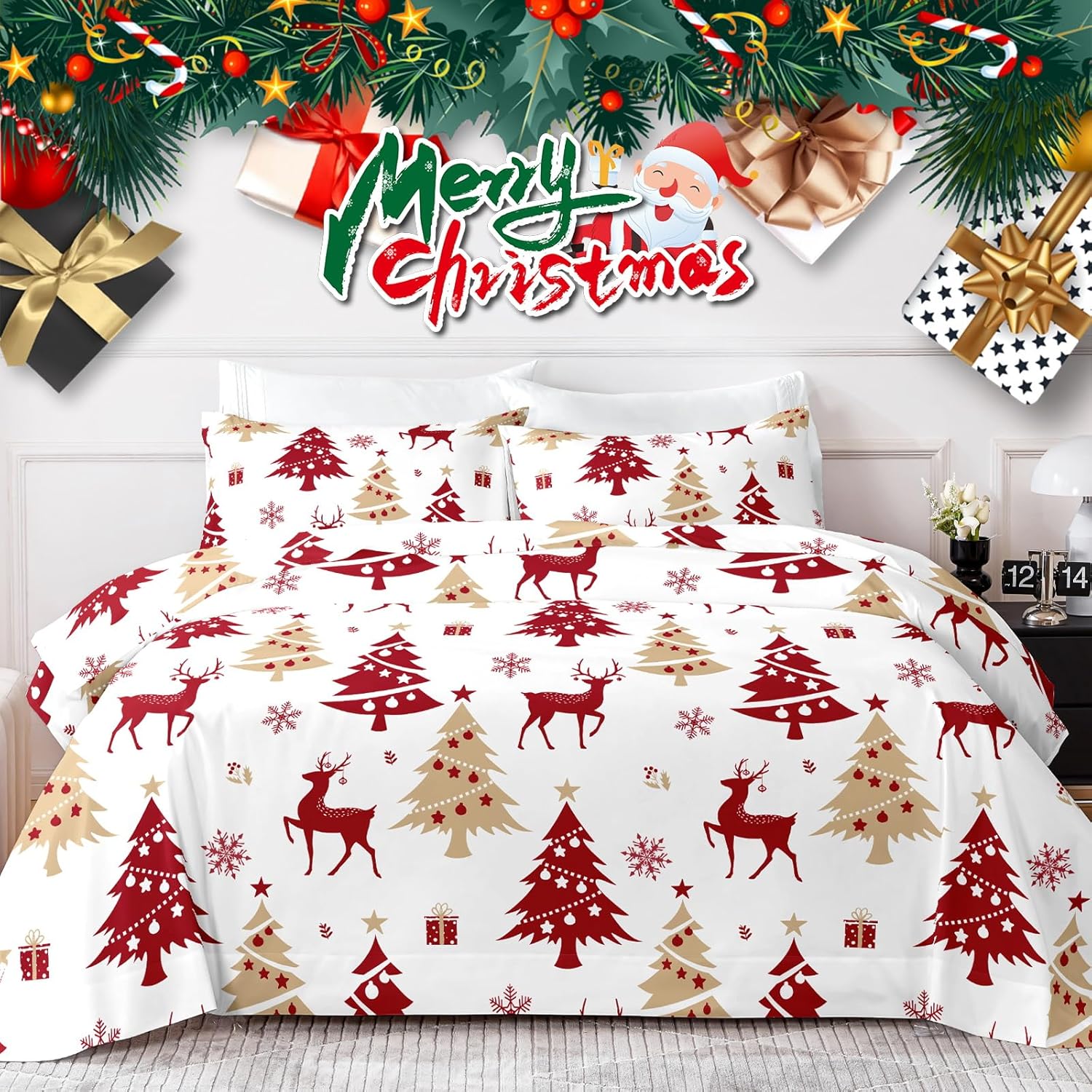 Christmas King Size Sheets Set, Luxury 1800TC Hotel Quality Double Brushed Microfiber Deep Pocket Bed Sheets, Ultra Soft, Breathable, 4PC, King