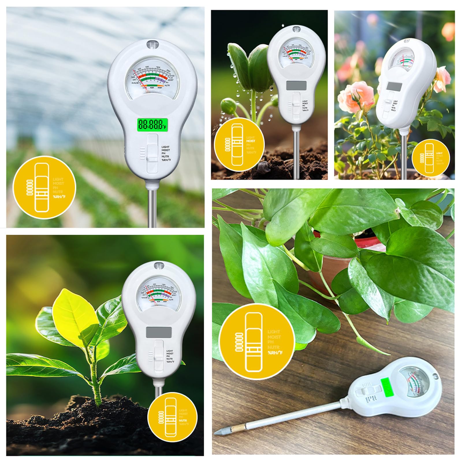 Generico 6-in-1 Analizzatore del Terreno, Misuratore di umidità/Misuratore di PH/Fertilità/Intensità della Luce Solare + Display LCD Ruotabile A 90° Igrometro/Termometro per Piante, Giardini