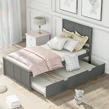 P PURLOVE Twin Trundle Bed,Wood Day Bed Twin with Trundle and Headboard,Twin Pull Out Trundle Bed Frame for Kids Teens,Gray