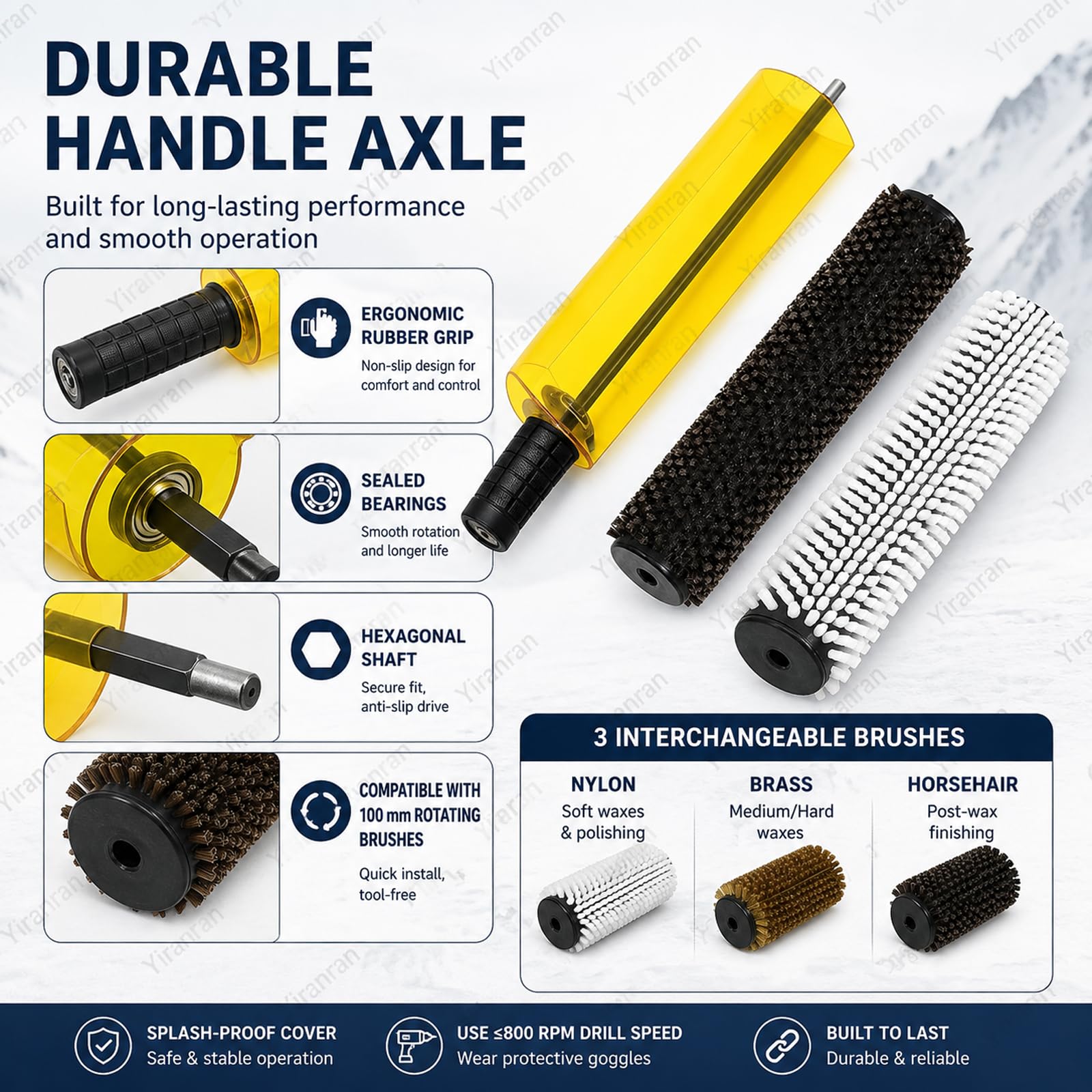 Kit de cepillo rotativo para esquís, eje para mango de cepillo rotativo, eje de 150 mm/200 mm/300 mm con los 3 cepillos (nylon, latón y crin de caballo) para encerado, para usar con taladro eléctrico