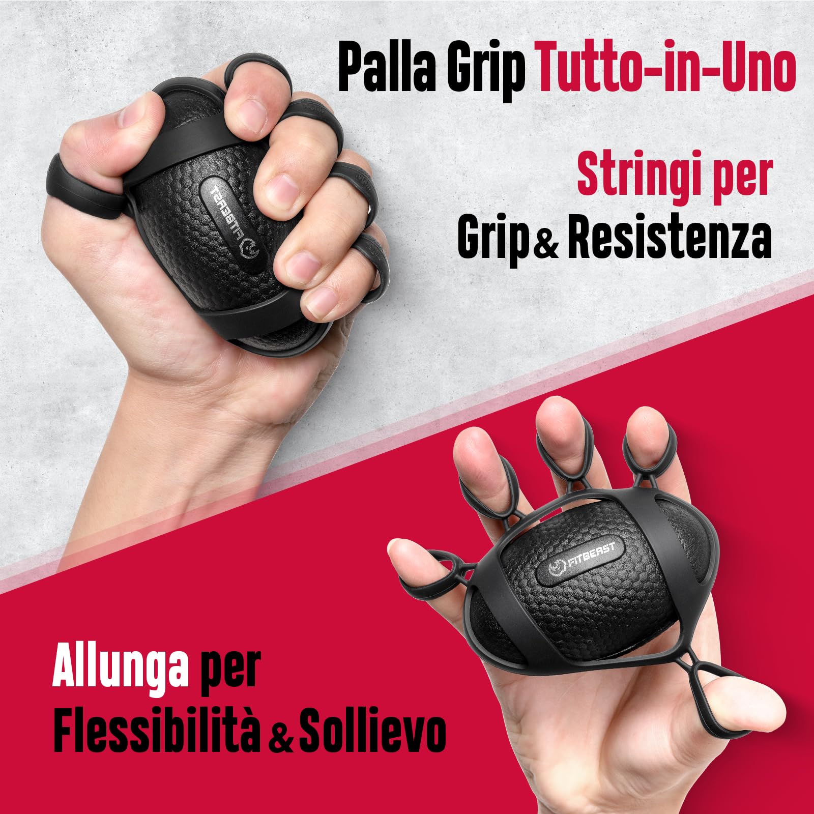 FitBeast Allenatore di Presa, Kit Rafforzatore Mani - 6 Pezzi con Resistenza Regolabile, Esercitatore Avambraccio e Sfere Massaggianti per Terapia della Mano, Allenamento e Recupero
