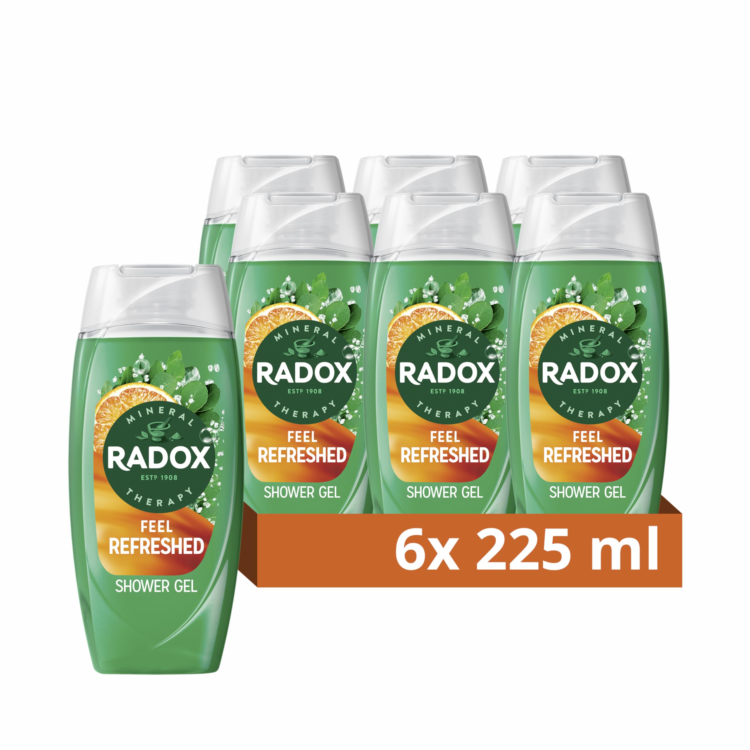 Radox Mineral Therapy Feel Refreshed Body Wash Shower Gel uniquely blended with herbs, minerals and a eucalyptus & citrus oil fragrance for a refreshing experience 225 ml, Pack of 6