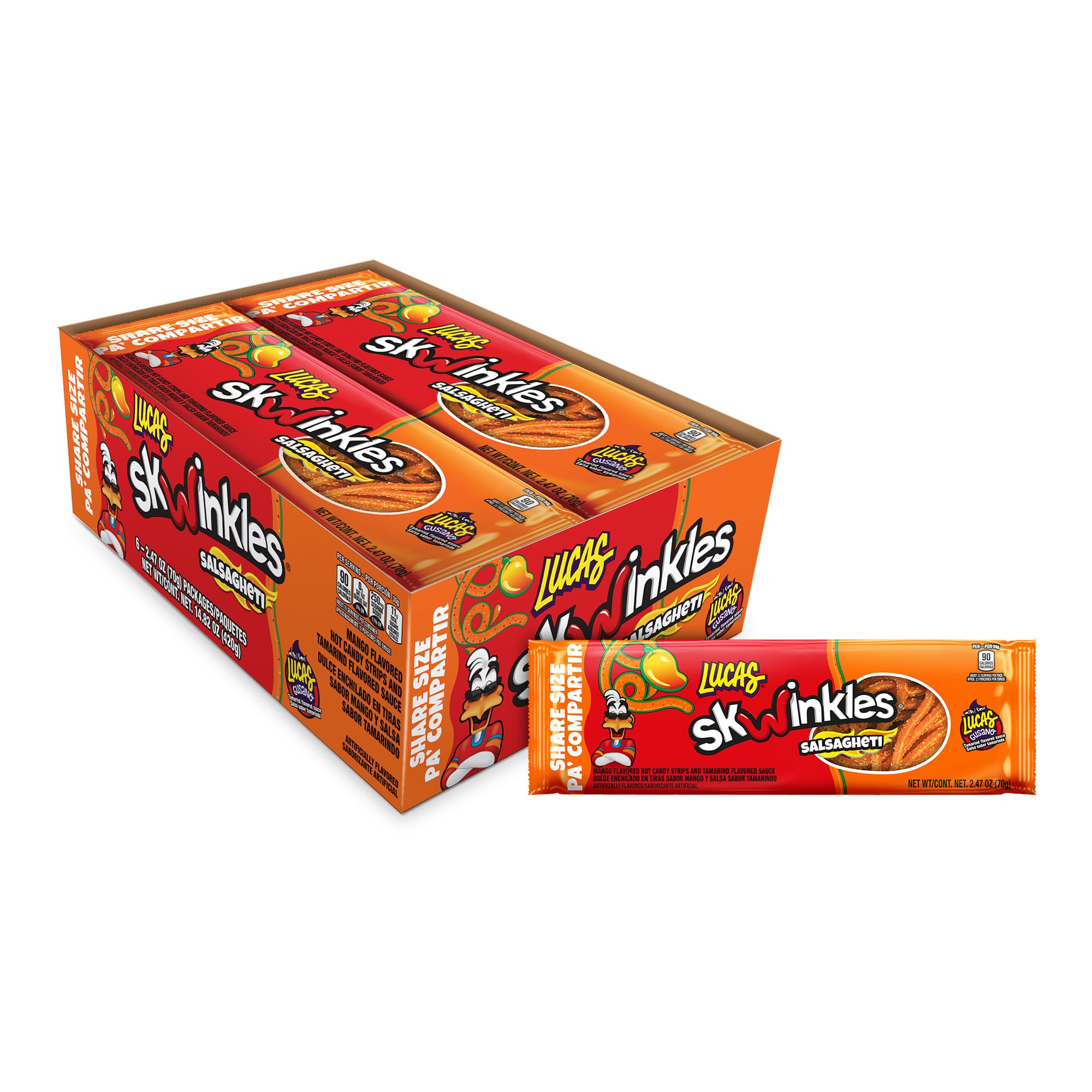 Salsagheti Mango Flavored Hot Candy Strips and Tamarind Flavored Sauce, King Size 2.4 oz - 6 Pieces Pack for Treats, Snack, Parties, Piñatas