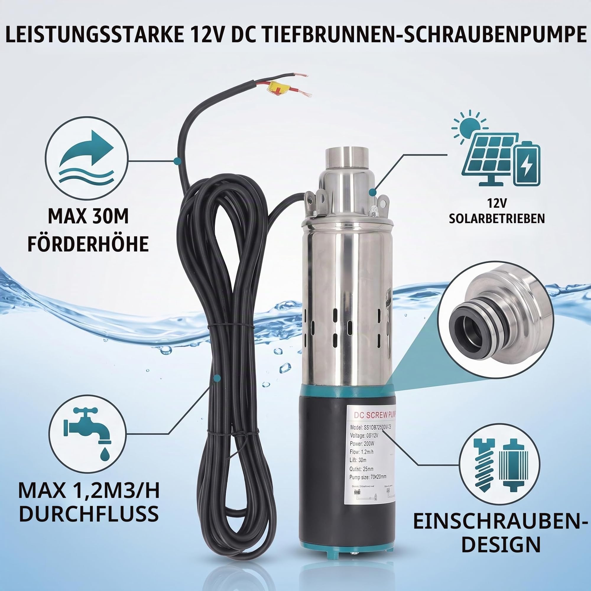 12 V DC Tauchbrunnenpumpe, Edelstahl-Tiefbrunnenpumpe, Bewässerungspumpe mit 7 M Netzkabel und 1-Zoll-Hakengelenk, Ideal für Bauernhof, Ranch und Zuhause