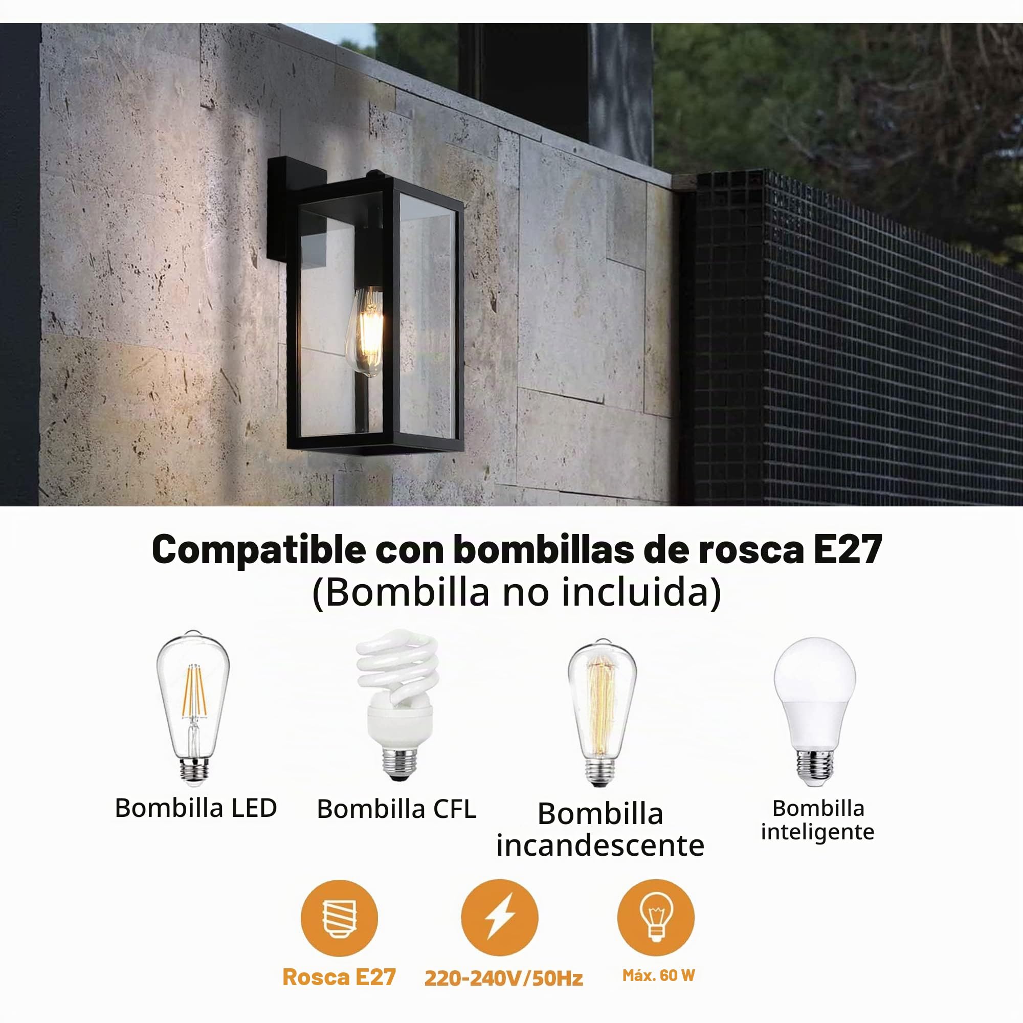 Lámpara de pared para exteriores, farol negro de aluminio, luz de porche para puerta de entrada, farol de pared para exteriores con aplique de pared antioxidante con pantalla de vidrio transparente