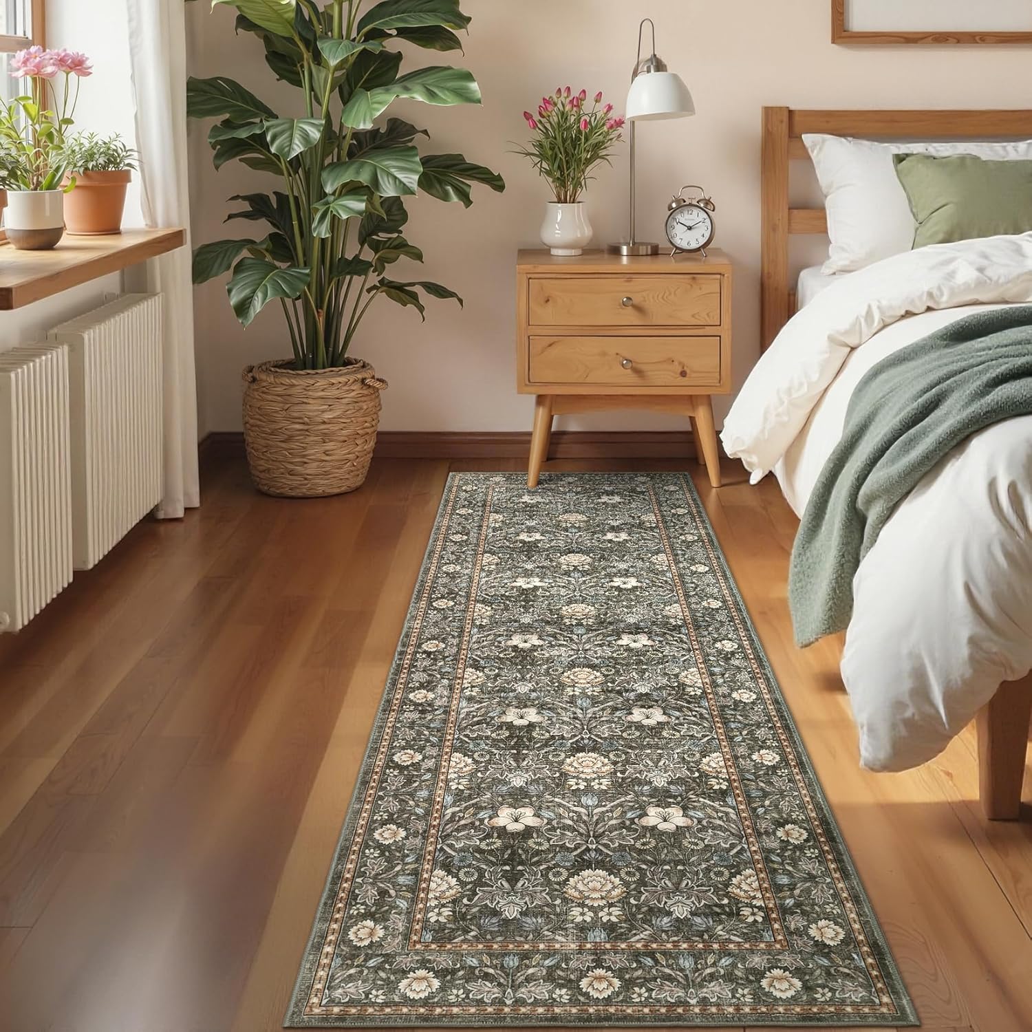 GarveeHome Washable Runner Rug 2x6, Non Slip Floral Kitchen Runner for Hallway Entryway Laundry Bathroom Mat Farmhouse Thin Stain Resistant Carpet for Bedroom Beside Rug