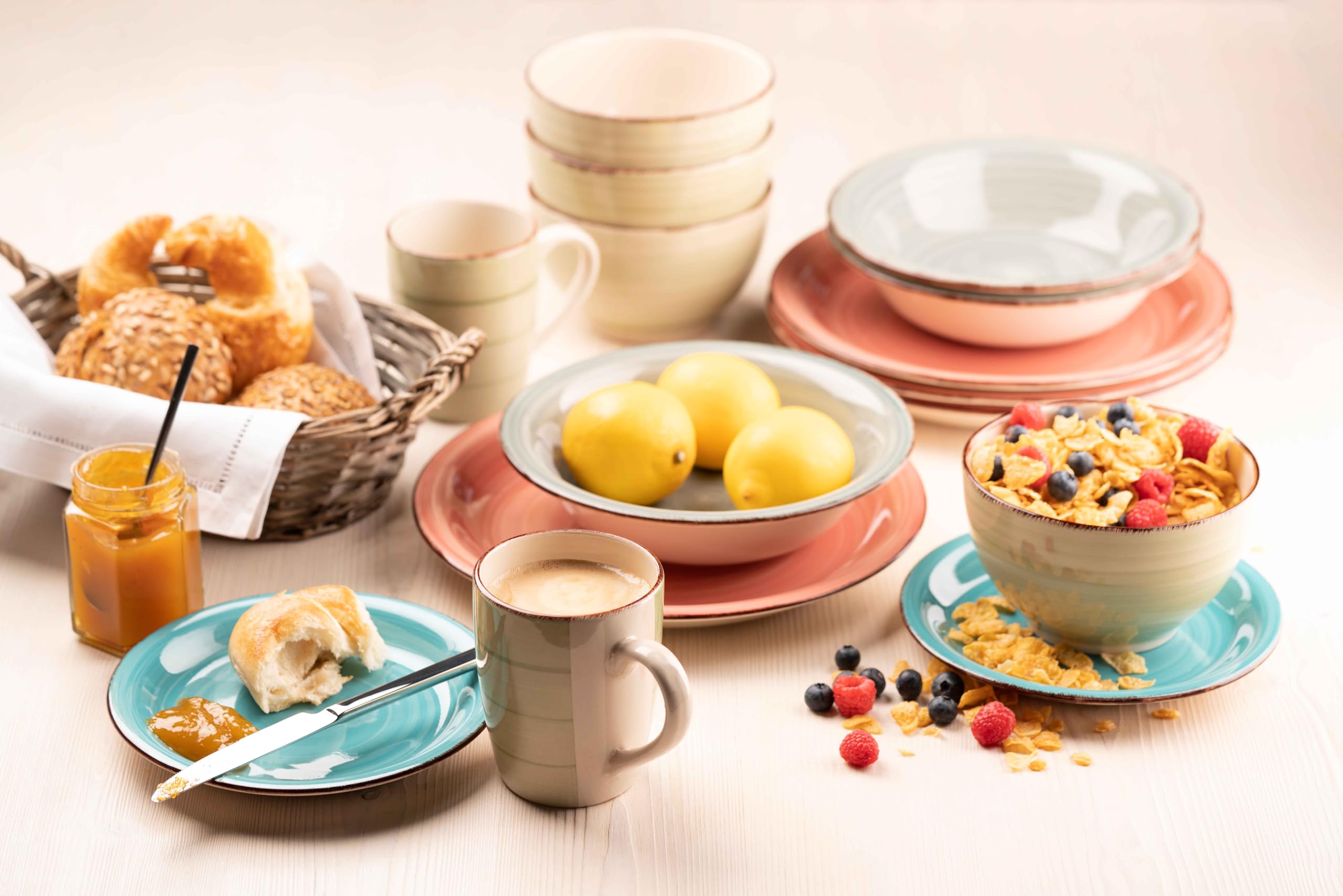 MÄSER 931612 Bel Tempo II 30-teiliges Vintage Geschirr Set für 6 Personen, handbemaltes Keramik Kombiservice in Blau, Steingut, Rauchblau