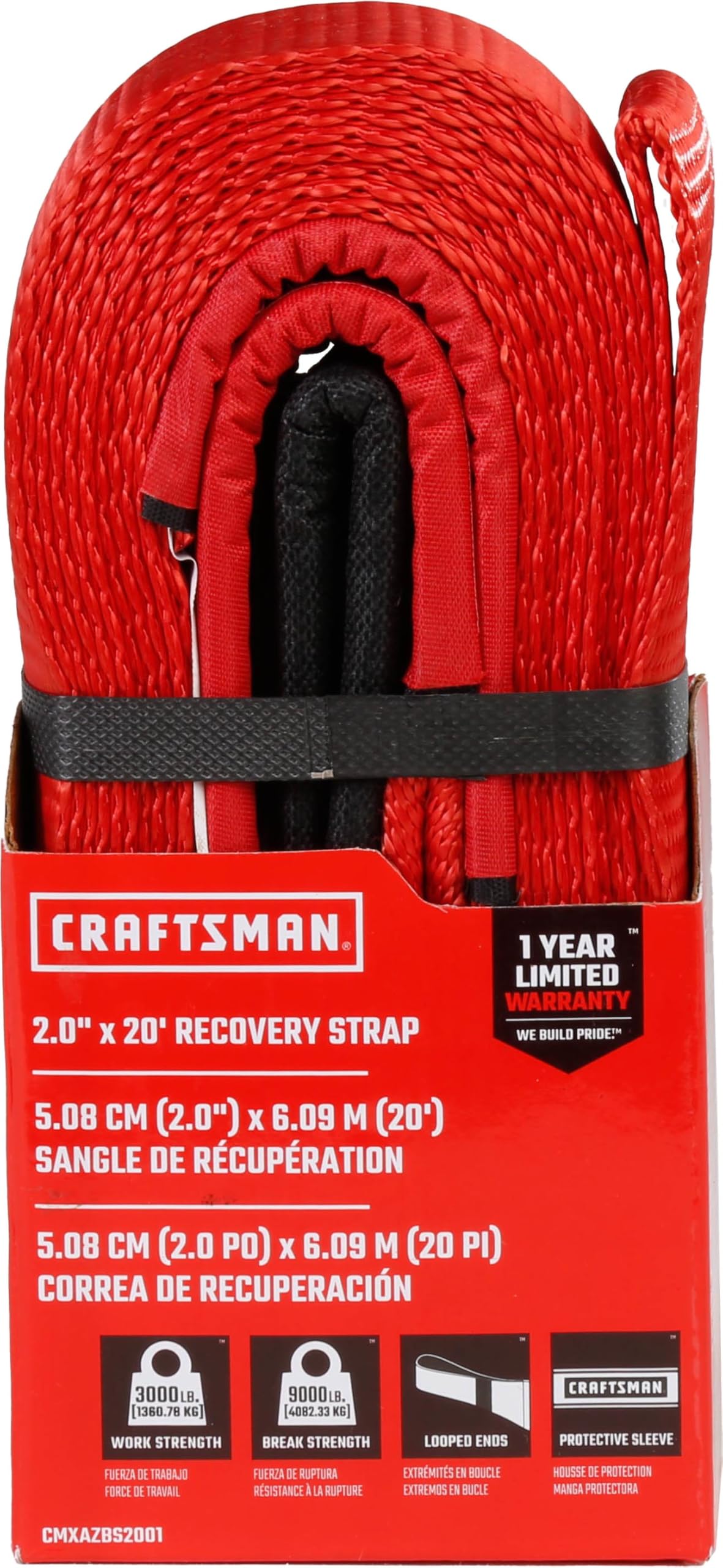 CRAFTSMAN CMXAZBS2001 Abschleppgurt mit Schlaufenenden, 5,1 cm x 5,1 m, 1,4 kg sichere Wortking-Last/4,1 kg Bruchfestigkeit, Schwarz/Rot