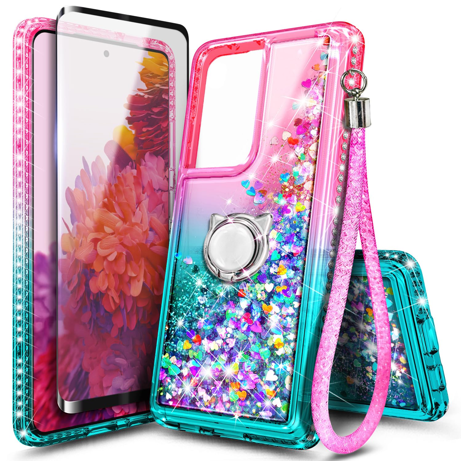 NGB Designed for Samsung Galaxy S21 Ultra & S21 Ultra 5G Case, Pink/Aqua | Glitter Liquid Sparkle Cute Cover for Women Girls Kids | with Screen