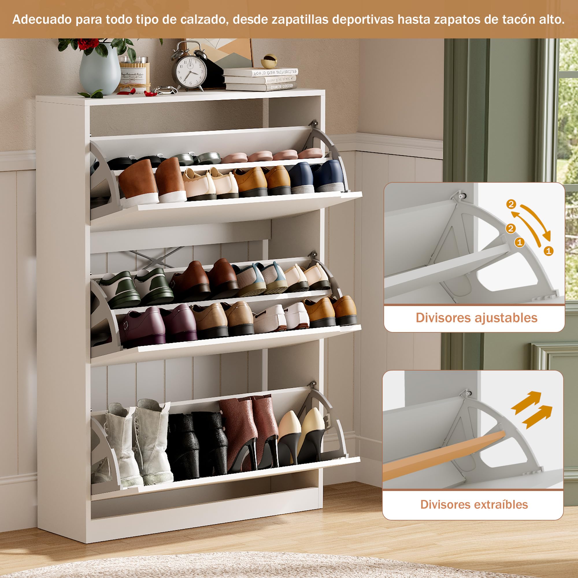 Zapatero 3 Puertas Armarios para Zapatos Estrecho Mueble Zapatero para 24-30 Pares de Zapatos，para Sala de Estar, Pasillo de Entrada, 80x24x118cm Blanco