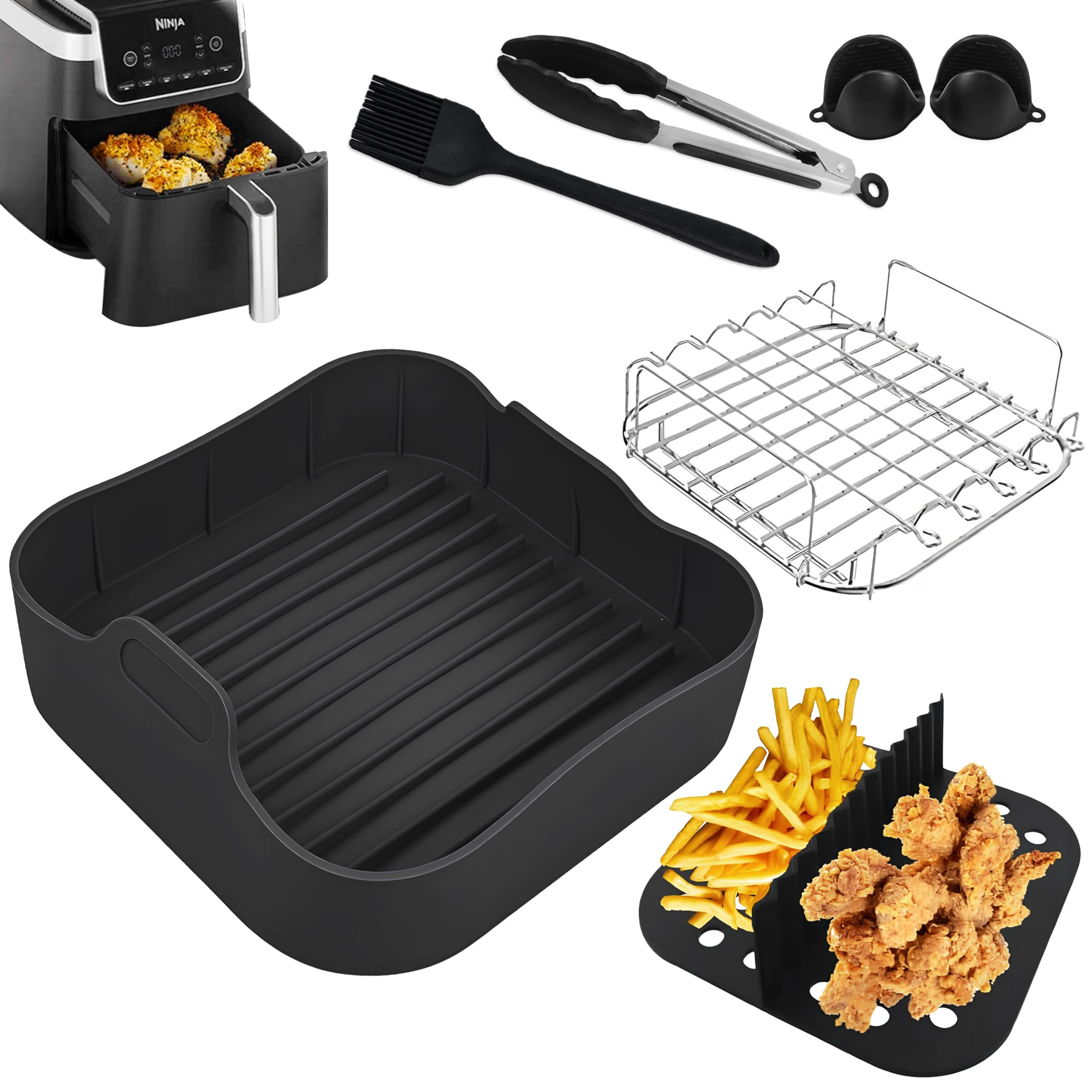 8pcs Square Silicone Air Fryer Liner for Ninja Air Fryer AF180UK, ON400UK, Air Fryer Accessories for Cosori and Ninja Air Fryer Liners, Air Fryer Silicone Liner for Ninja Air Fryer Accessories (Black)