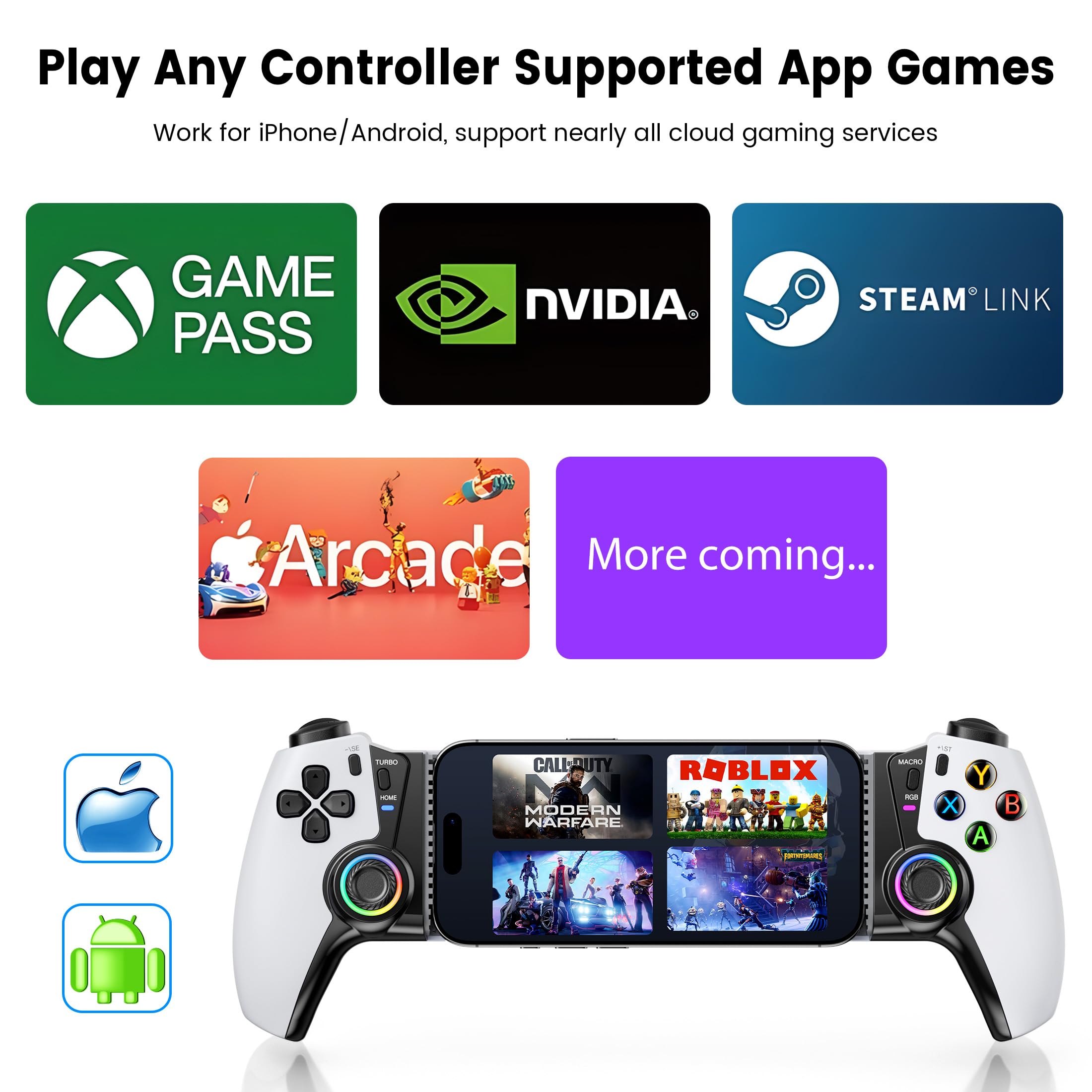HELLCOOL Handy Controller mit Hall Joysticks/1000 mAh Akku für Android/iPhone, Handheld Smartphone kompatibel mit Xbox Cloud/Steam Link/GeForce Now/MFi Apple Arcade