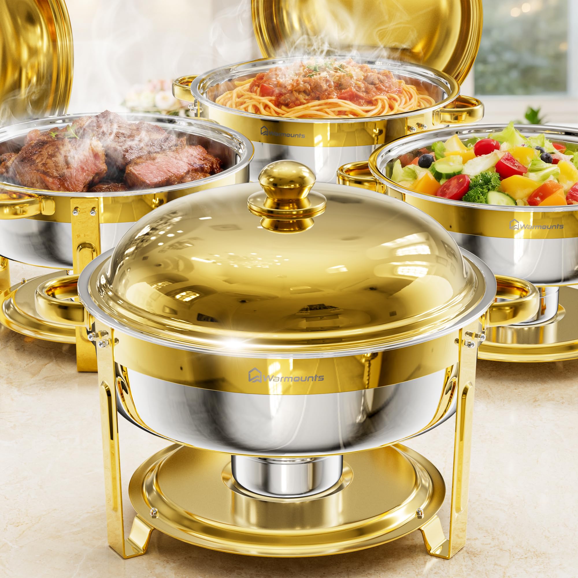 WARMOUNTS Chafing Dish 4er Set 6L Gold, Speisenwärmer Buffet Rund Edelstahl mit Deckelhalter, Warmhaltebehälter Stapelbar Catering Rechaud für Gastronomie, Partys & Hochzeiten