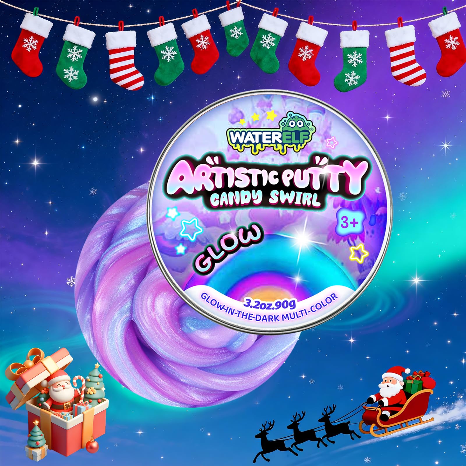 Waterelf Glow in The Dark Putty for Kids, Fidget Stress Relief Play Putty for Boys Girls Adults, Non-Sticky Therapy Toys - 3.2oz, Rose Red/Blue/Purple