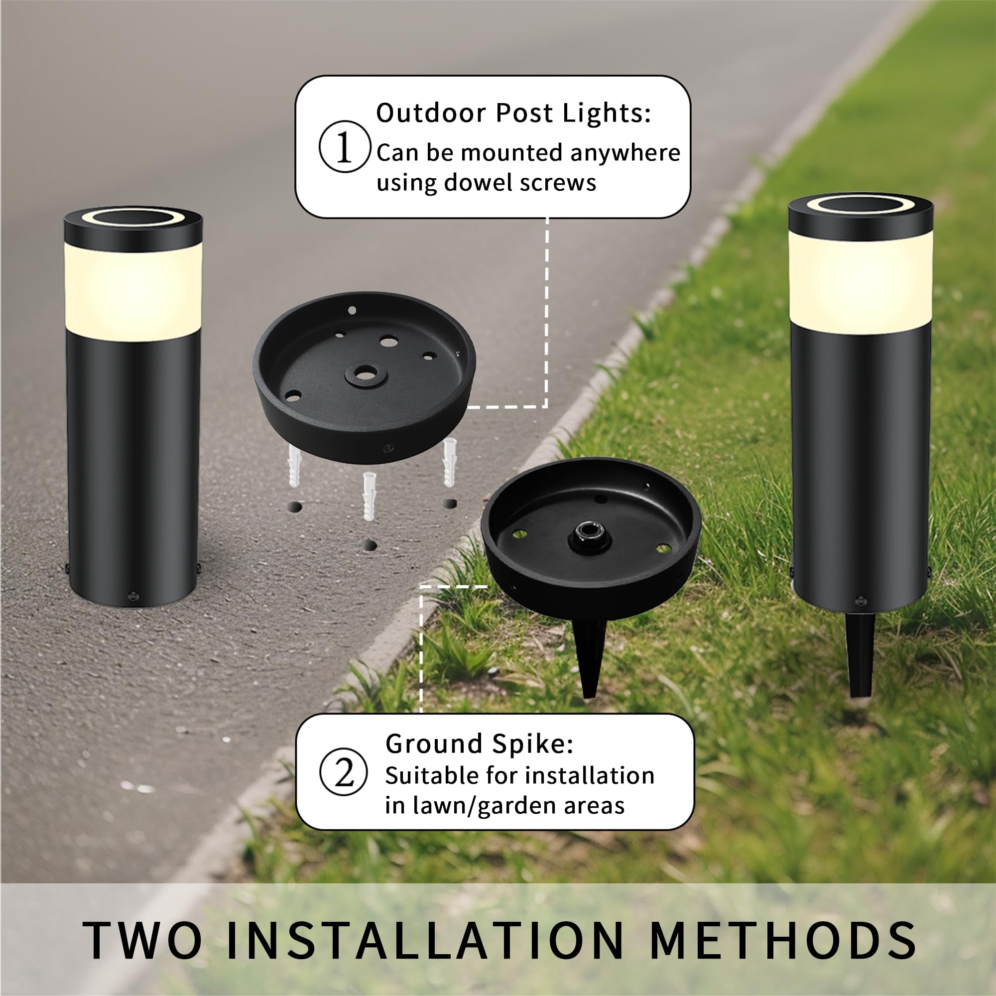 JNR 4 Pack Edelstahl Wegeleuchten Außen mit Erdspieß 230V, Schwarz 4 Pack | IP65 Wasserdicht, Höhe 290 mm 5w 3000k warmweiß COB LED, Wegleuchte, Gartenbeleuchtung, Gartenlampen, Gartenleuchten