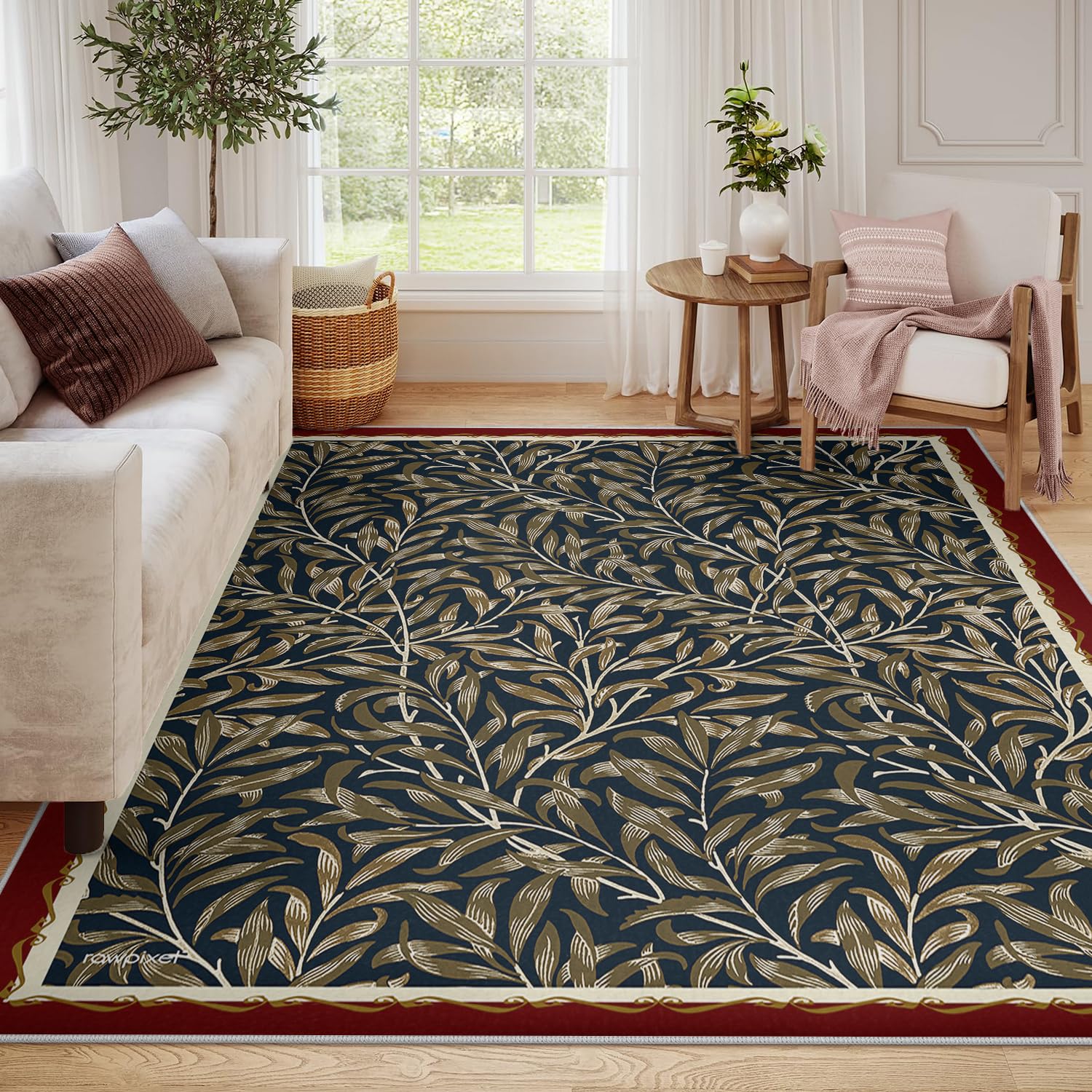 Dywany Bohemian Liść 160x200cm Dywany Salon Dywan Botaniczny Miękkie Niskie Włosy Antypoślizgowe Jadalnia Dywan Wewnętrzny Brązowy Wierzba Liście Odporne Na Plamy Gry