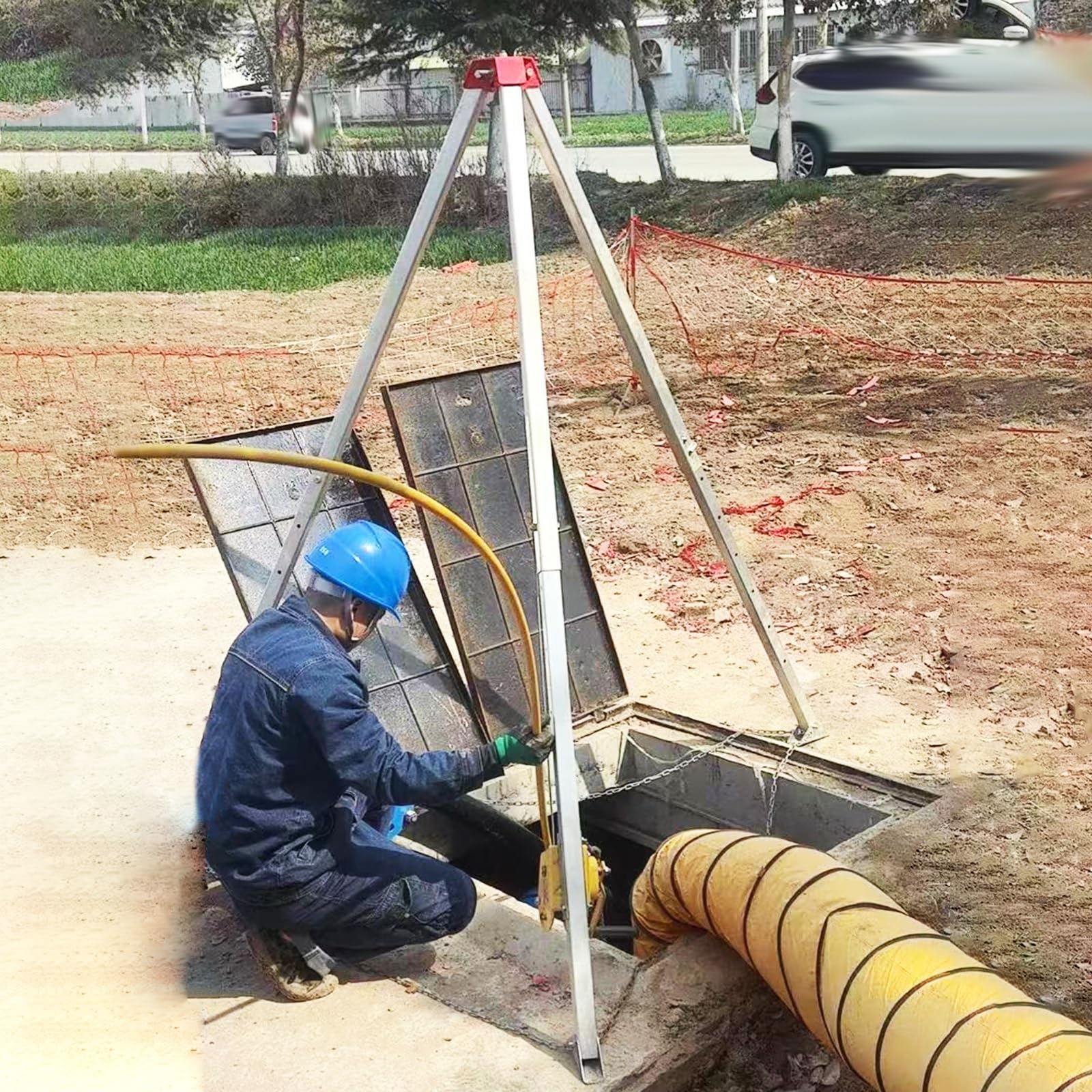 Sewer Lifting Tripod Kit, Confined Space Tripod with Self-Lock Device & Safe Belt, Fire Rescue Tripod for Access Manhole/Sewage Wells/Tunnel(1200lbs winch kit)