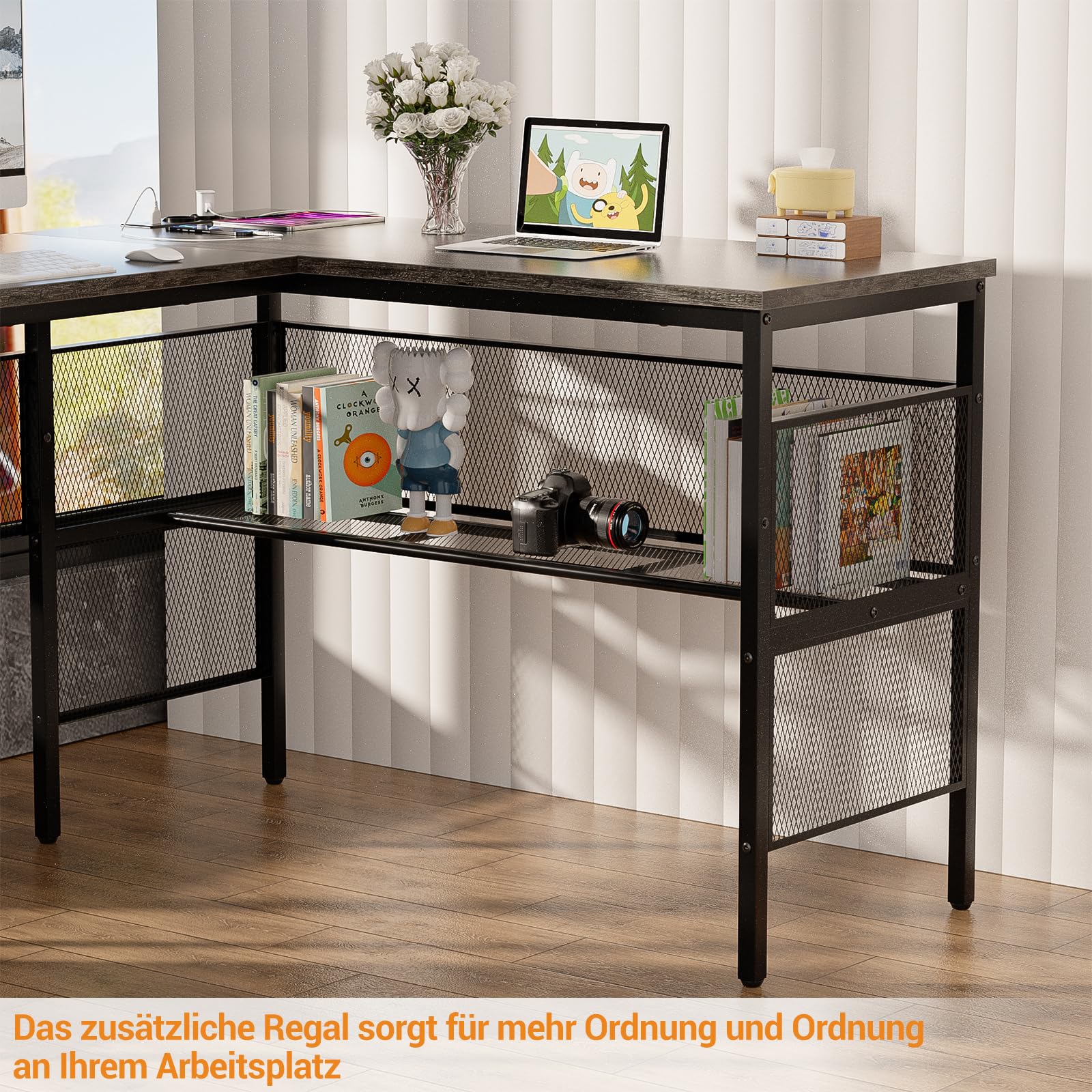iSunirm Biurko gamingowe w kształcie litery L, 140 x 115 x 75 cm, biurko komputerowe z półką, biurko biurowe z odwracanym stolikiem narożnym do nauki, gier, domowego biura, szary dąb