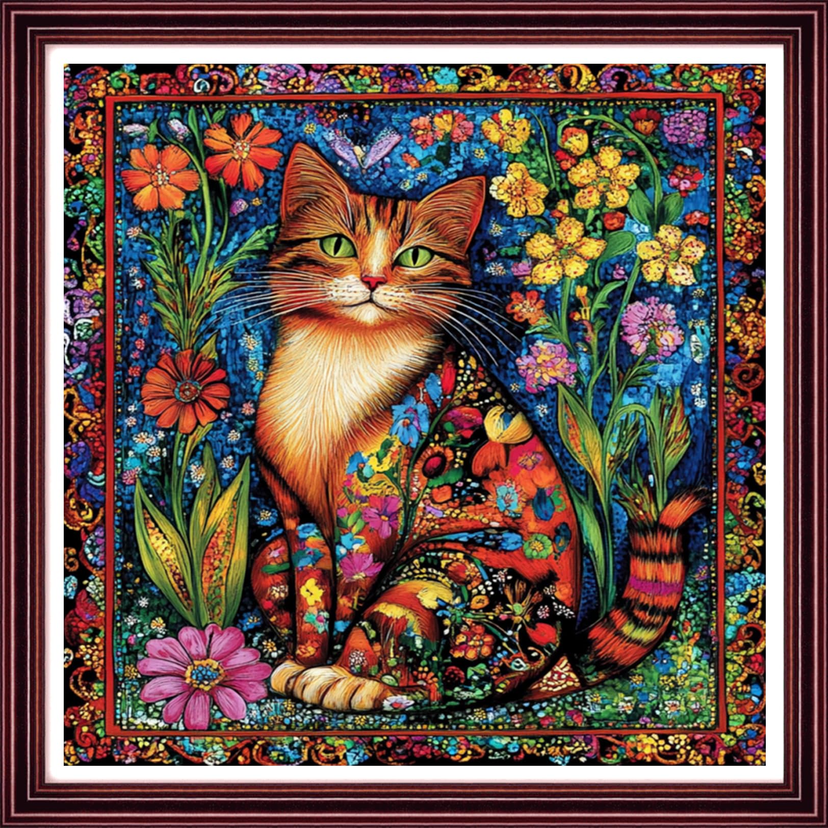 Redxing Stamped Cross Stitch Kits Full Range of Embroidery Starter Kits- Needlepoint Counted Cross Stitch Kits for Beginner Adults 11CT Printed Embroidery Kit-Magical Flower Cat 18x18 inch