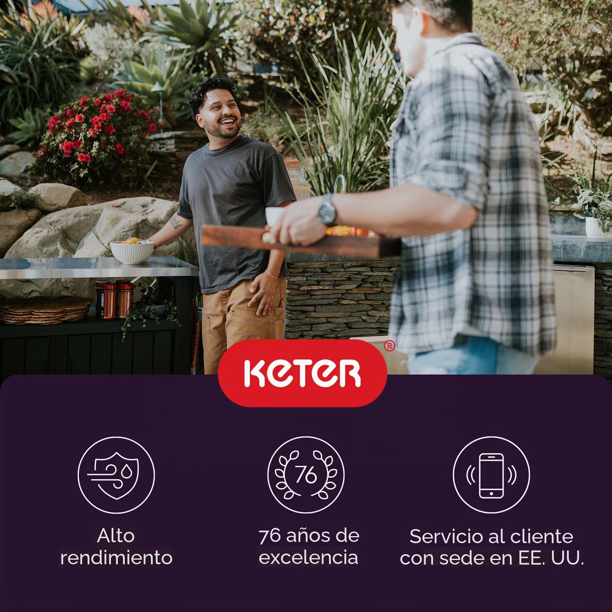 Keter Unity XL - Mesa portátil para Exteriores y Armario de Almacenamiento con Ganchos para Accesorios de Parrilla, Parte Superior de Acero Inoxidable para Patio, Cocina, Isla o Carrito de Bar, Gris