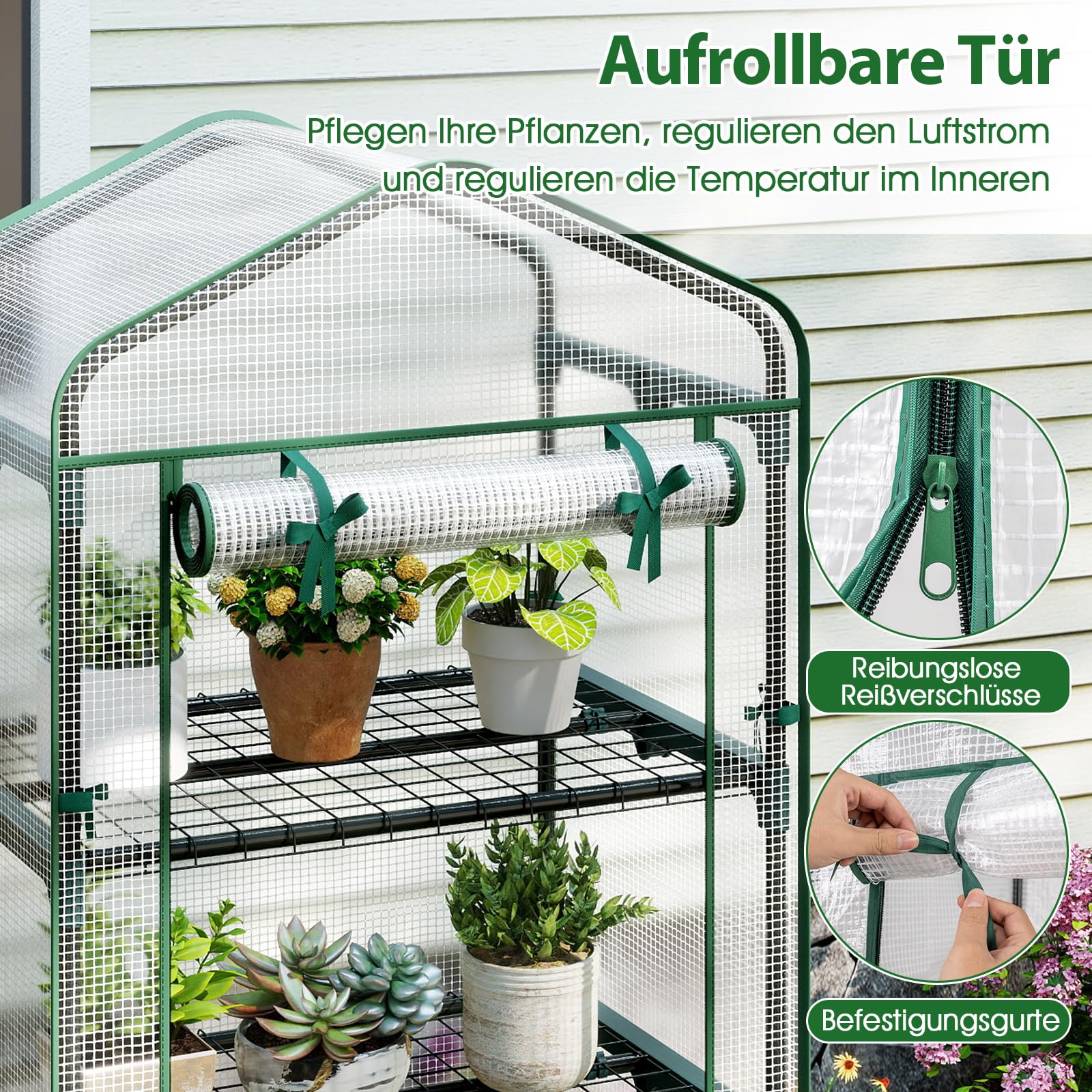 COSTWAY Gewächshaus klein, Mini Tomatengewächshaus mit 5 Regalböden aus Metall, Foliengewächshaus Winterfest für Terrasse, Balkon & Garten, 69 x 48 x 190 cm (Grün)
