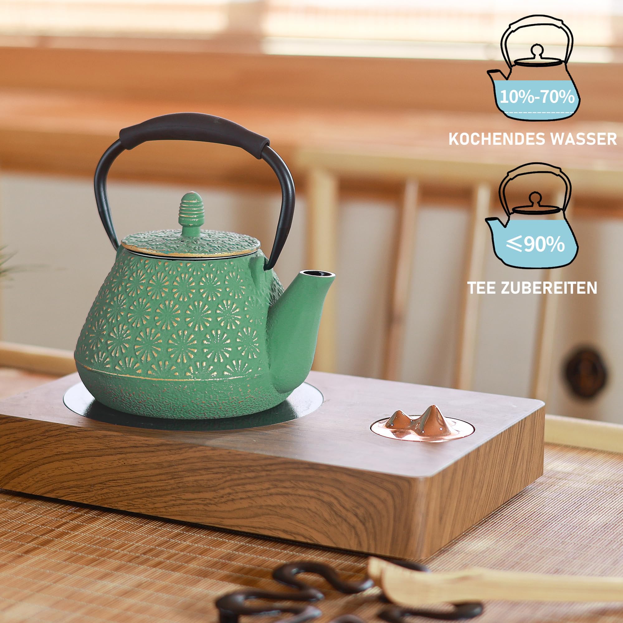 Teiera in ghisa da 1200 ml, grande capacità, teiera giapponese con colino da tè, interno smaltato, manico in silicone, adatto per fornelli, ideale per tè e caffè