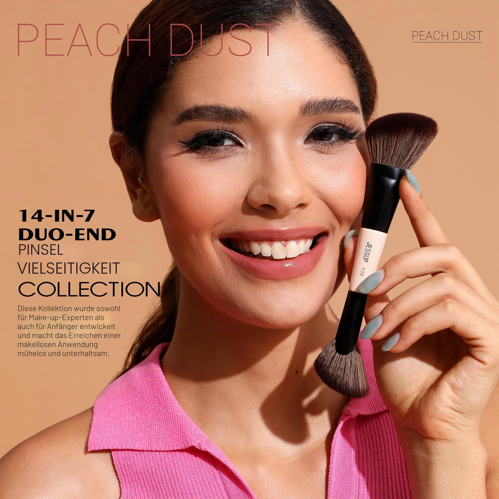 Jessup Pinselset Make Up Pinsel Set 14-in-7 doppelseitig Makeup Pinsel Foundation Concealer Rouge Lidschatten Kontur Bronzer Puder Verblenden Augenbrauen Eyeliner tierversuchsfrei Pfirsichstaub T600