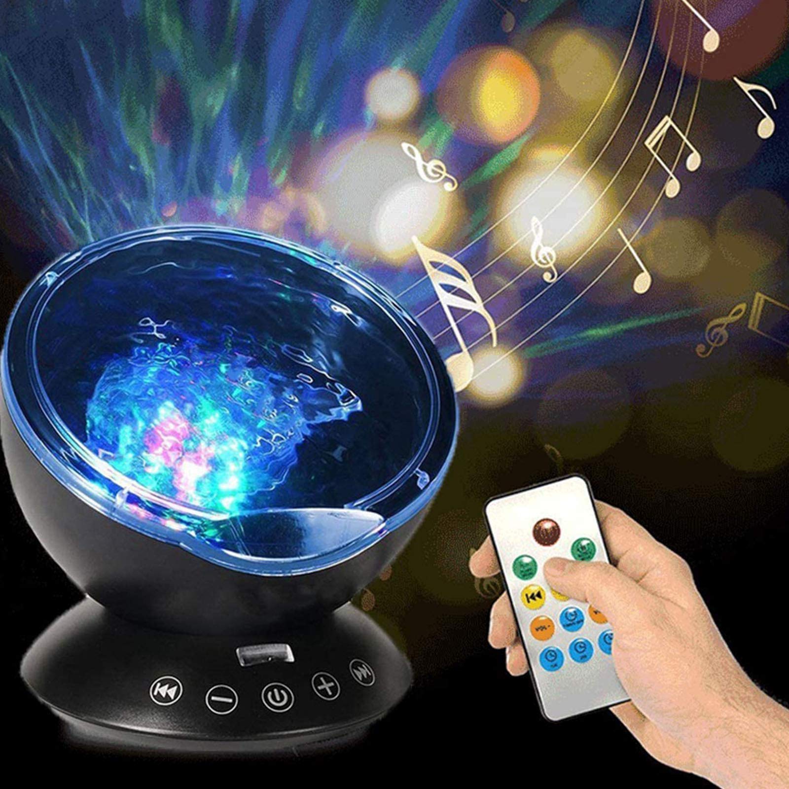 Lámpara De Proyector Ocean, Luces De Atmósfera De Luz Nocturna LED con Altavoz De Música/Control Remoto para Dormitorio De Niños, Sala De Estar, Fiesta, Cumpleaños,Negro