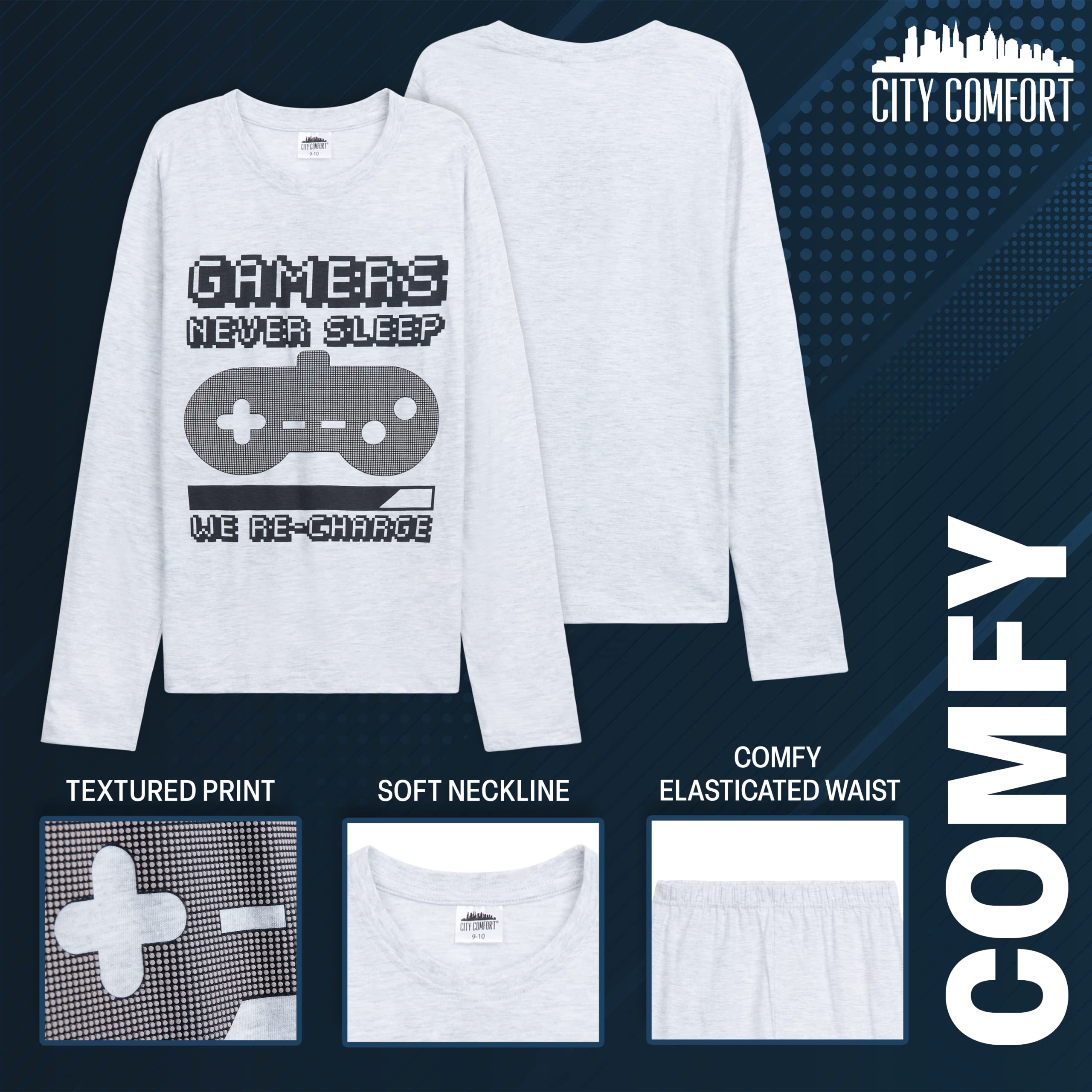 CityComfort Pijama Niño Manga Larga Pijamas Divertidos Niños Adolescentes Largo con Diseño Gaming o Fútbol Ropa de Dormir
