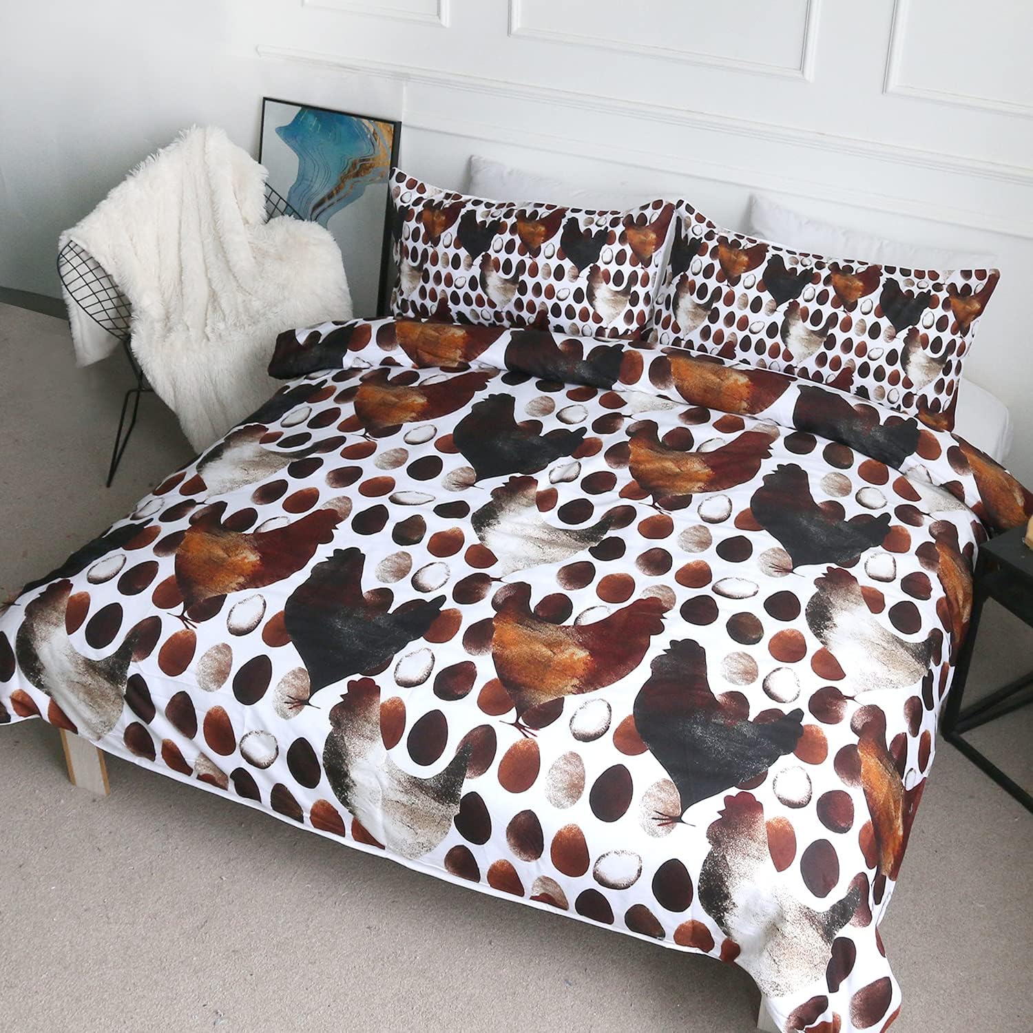 BlessLiving Bedding 3D Chicken Duvet Cover Set Single Size Vintage Eggs Print Bed Sets 3 Piece Rustic Farm Quilt Cover with 2 Pillow Shams